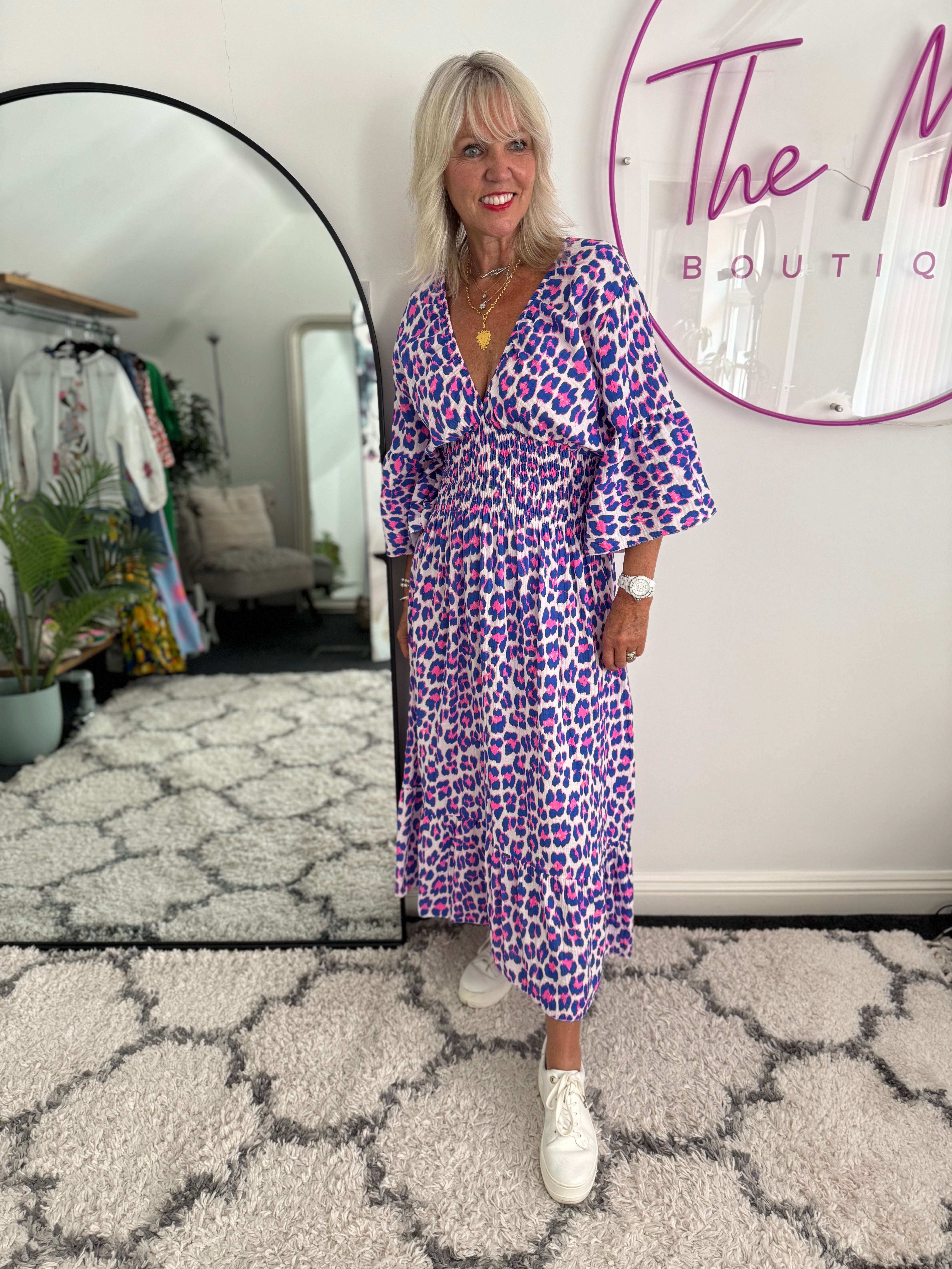 Cheesecloth Midi Dress in Royal & Neon Pink Leopard