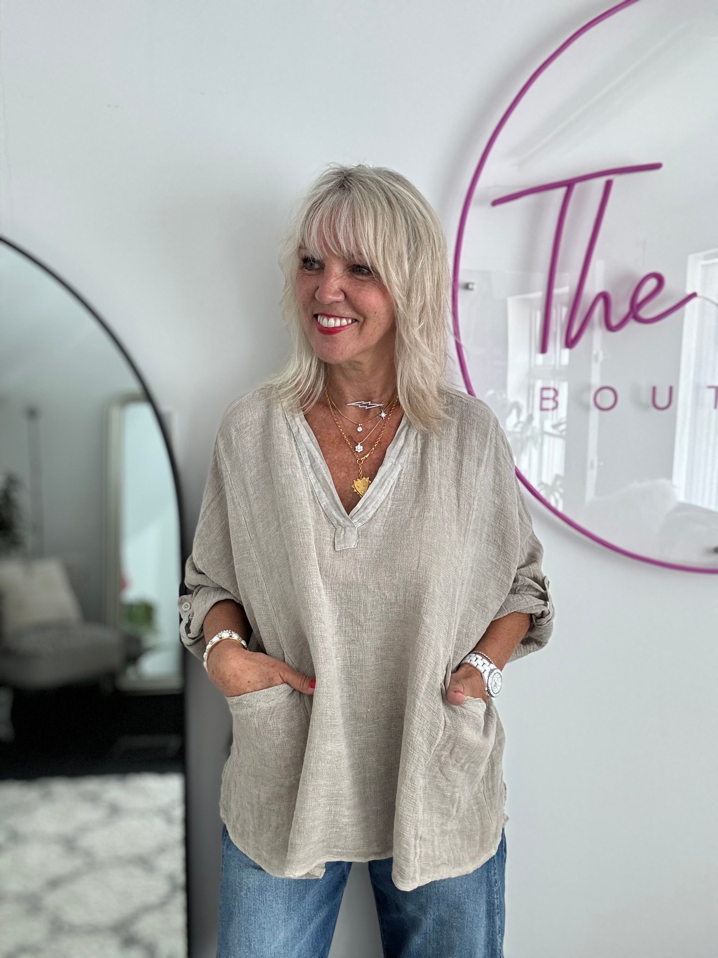Oversized Linen & Cotton Pocket Top in Light Mocha