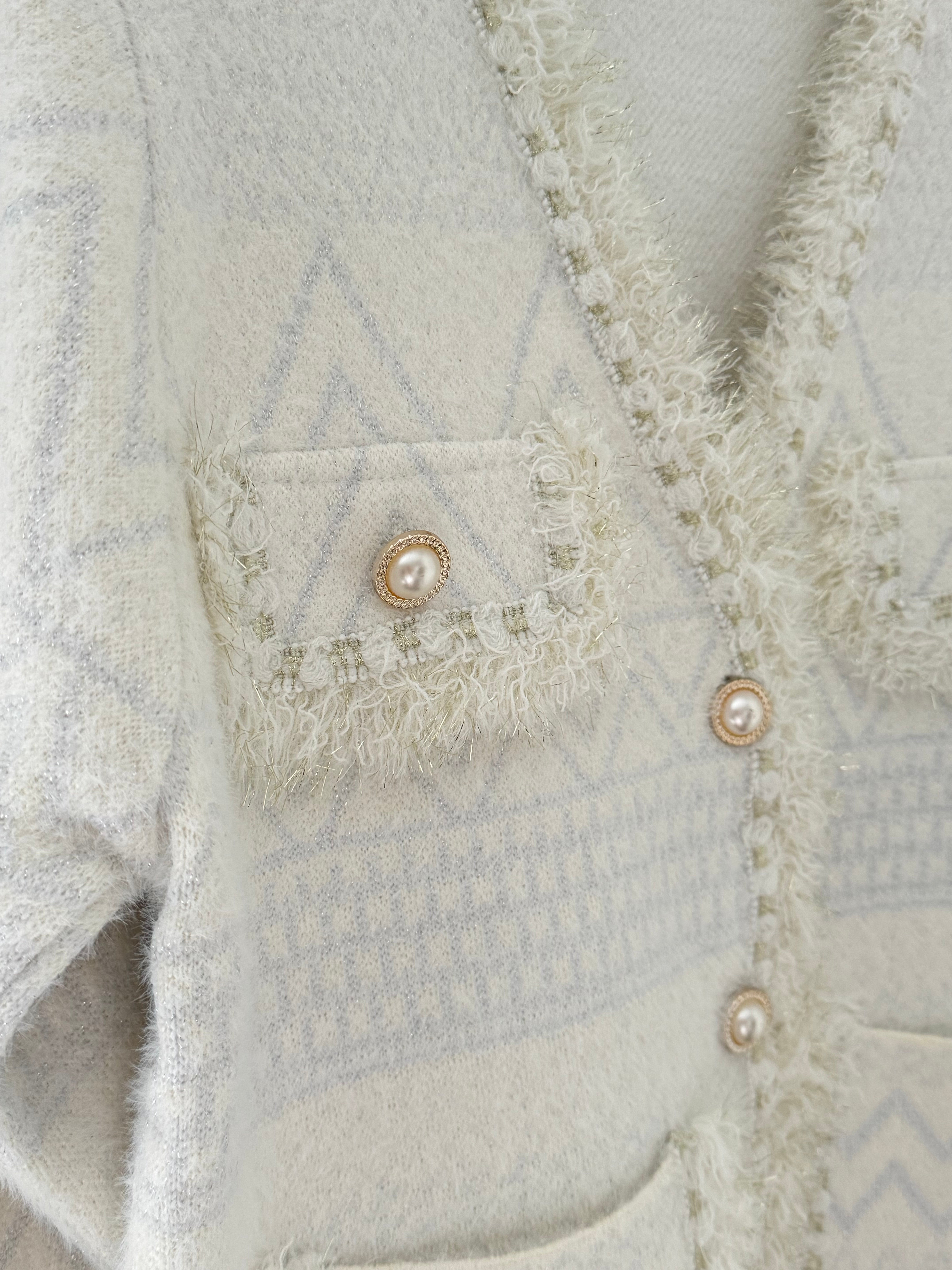 Pearl Button & Tweed Cardi Jacket in Ivory