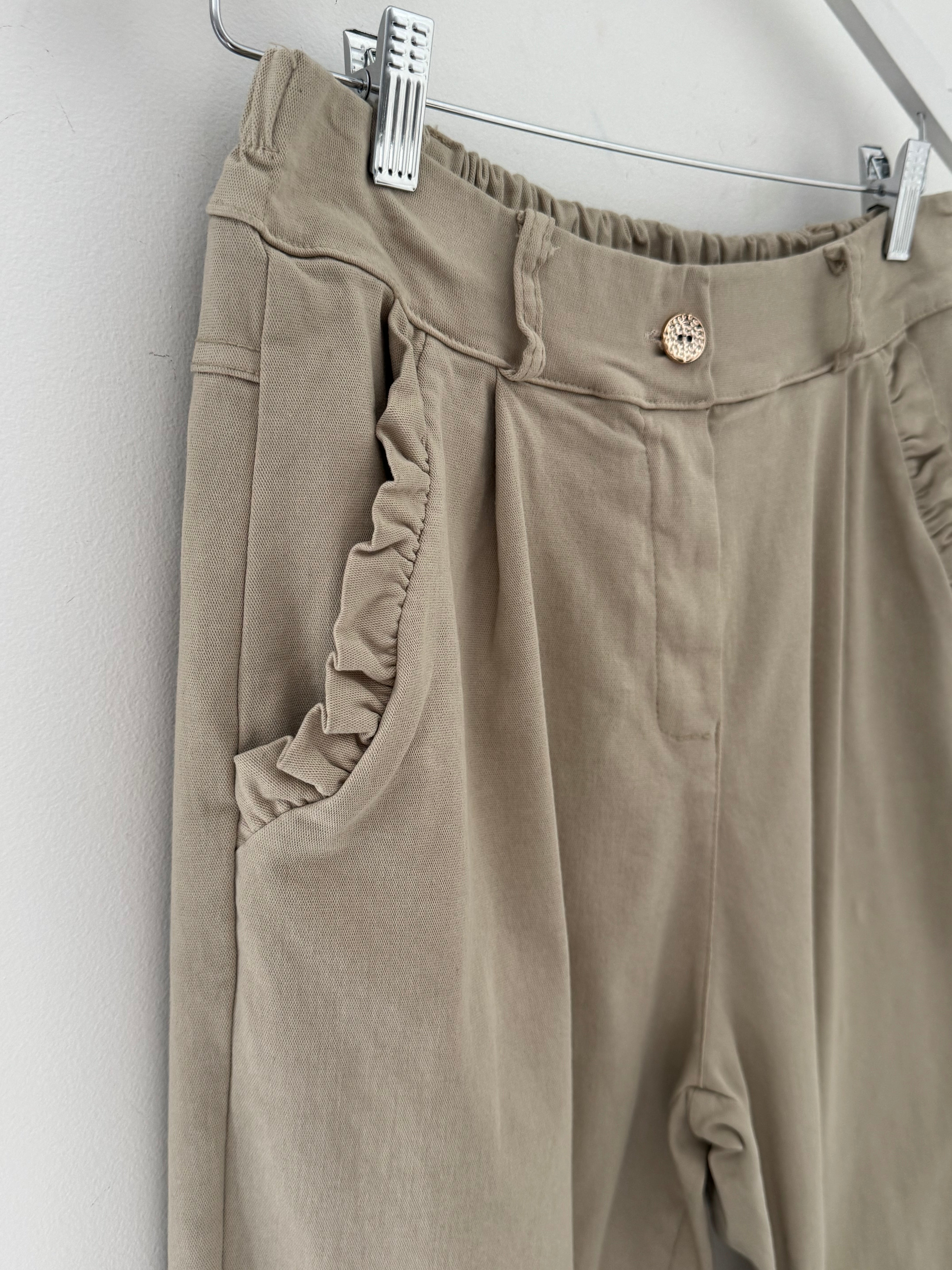 Luxe Stretch Trousers with Ruffle Pocket in Stone