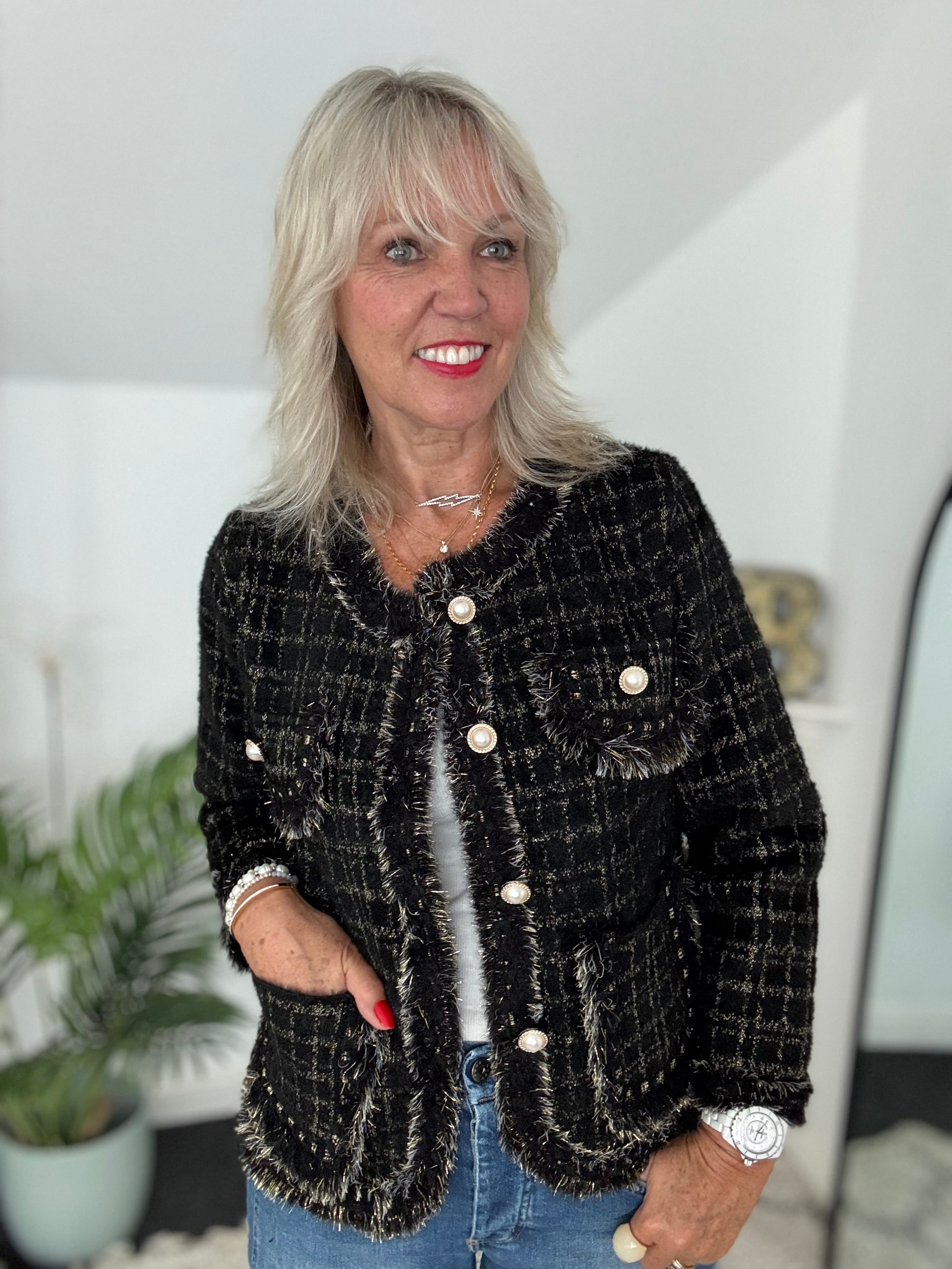 Pearl Button & Tweed Cardi Jacket in Black