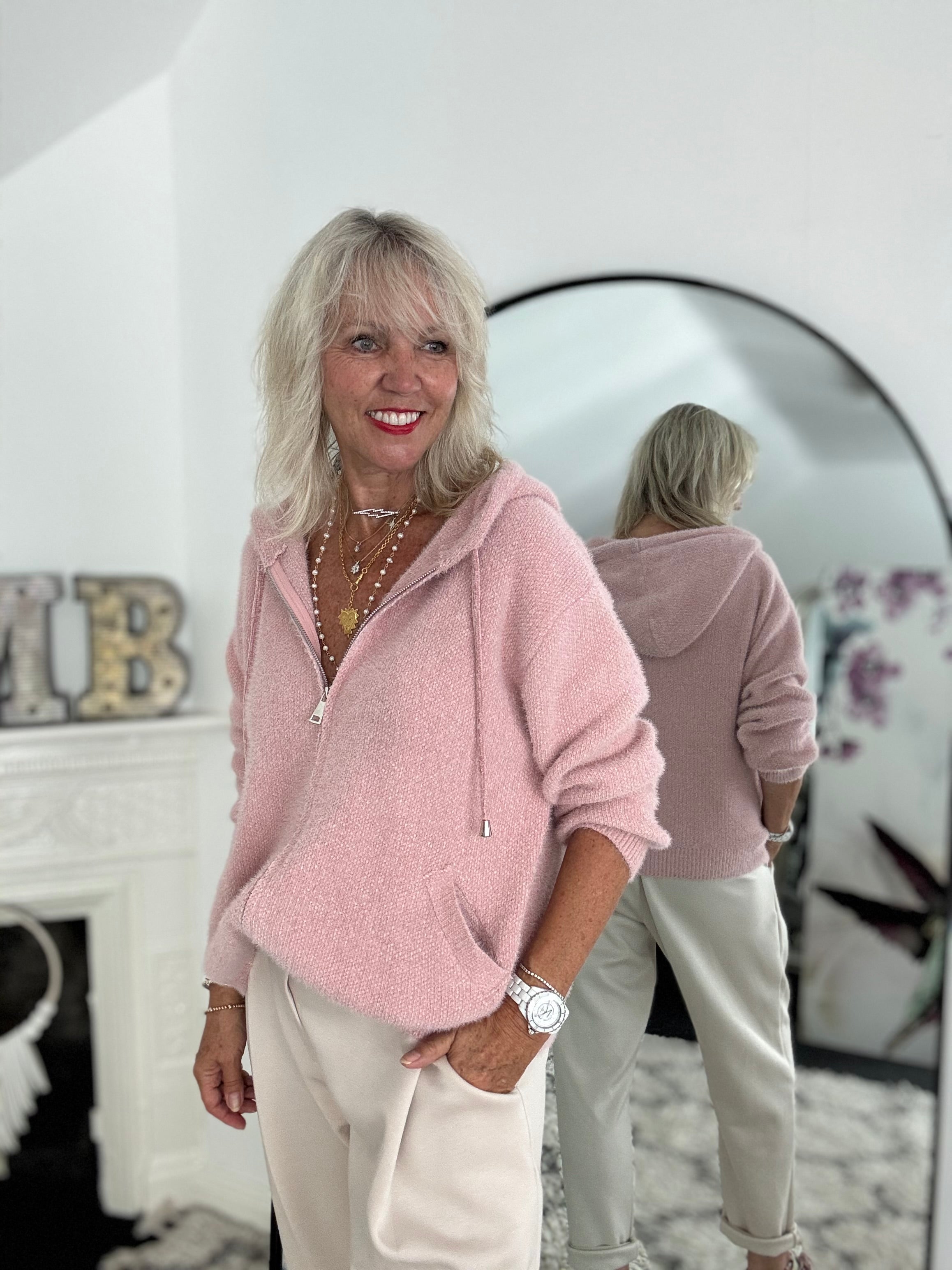 Soft Hooded Knit with Pockets in Pink
