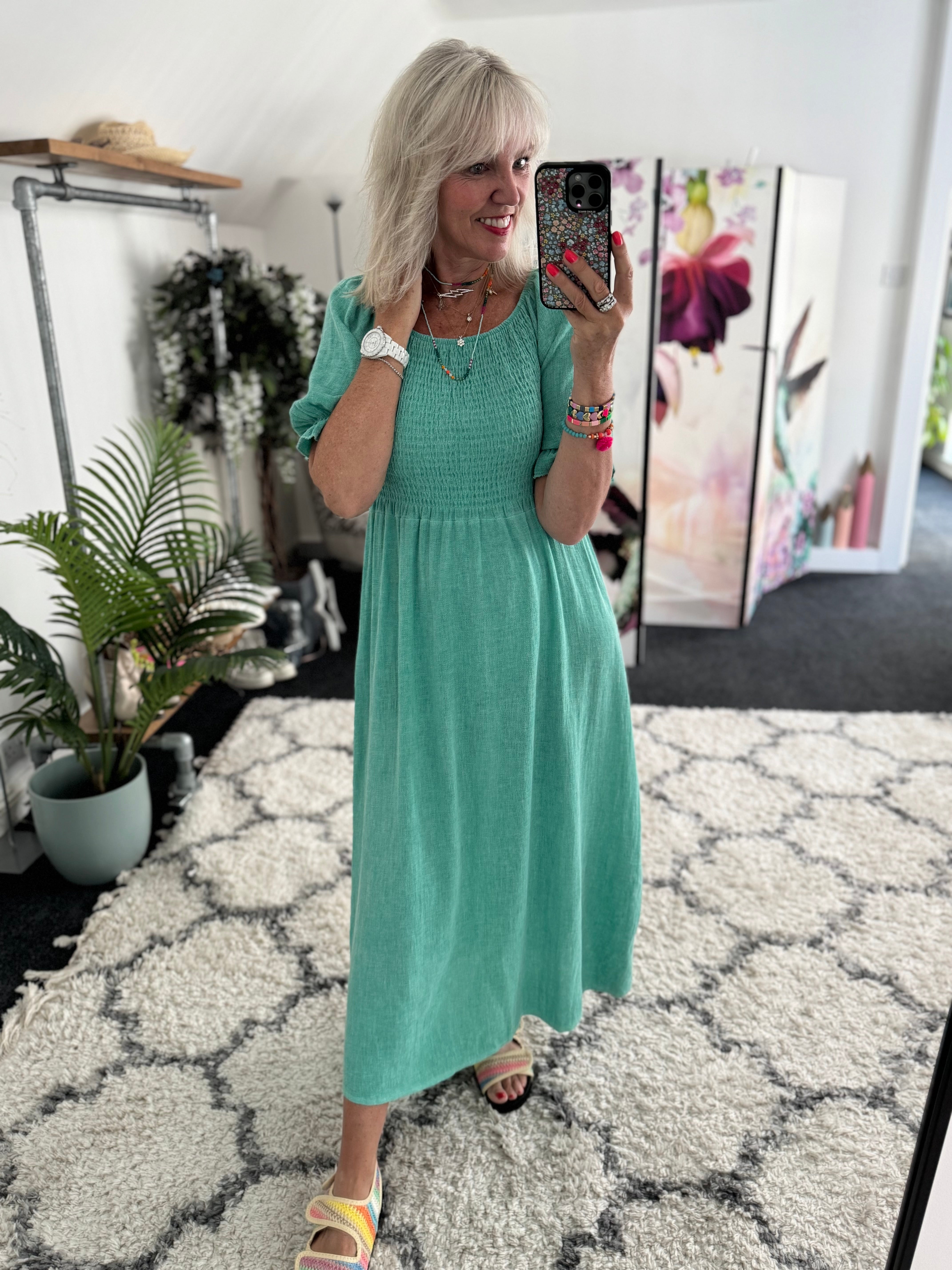 Cotton & Linen Shirred Dress in Ocean Green