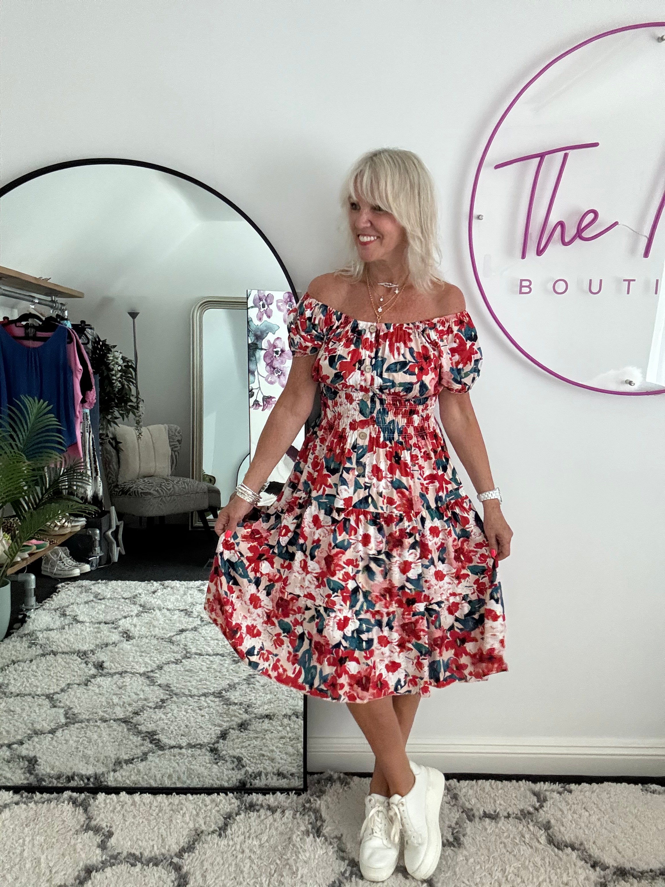 Bardot Dress in Poppy & Teal