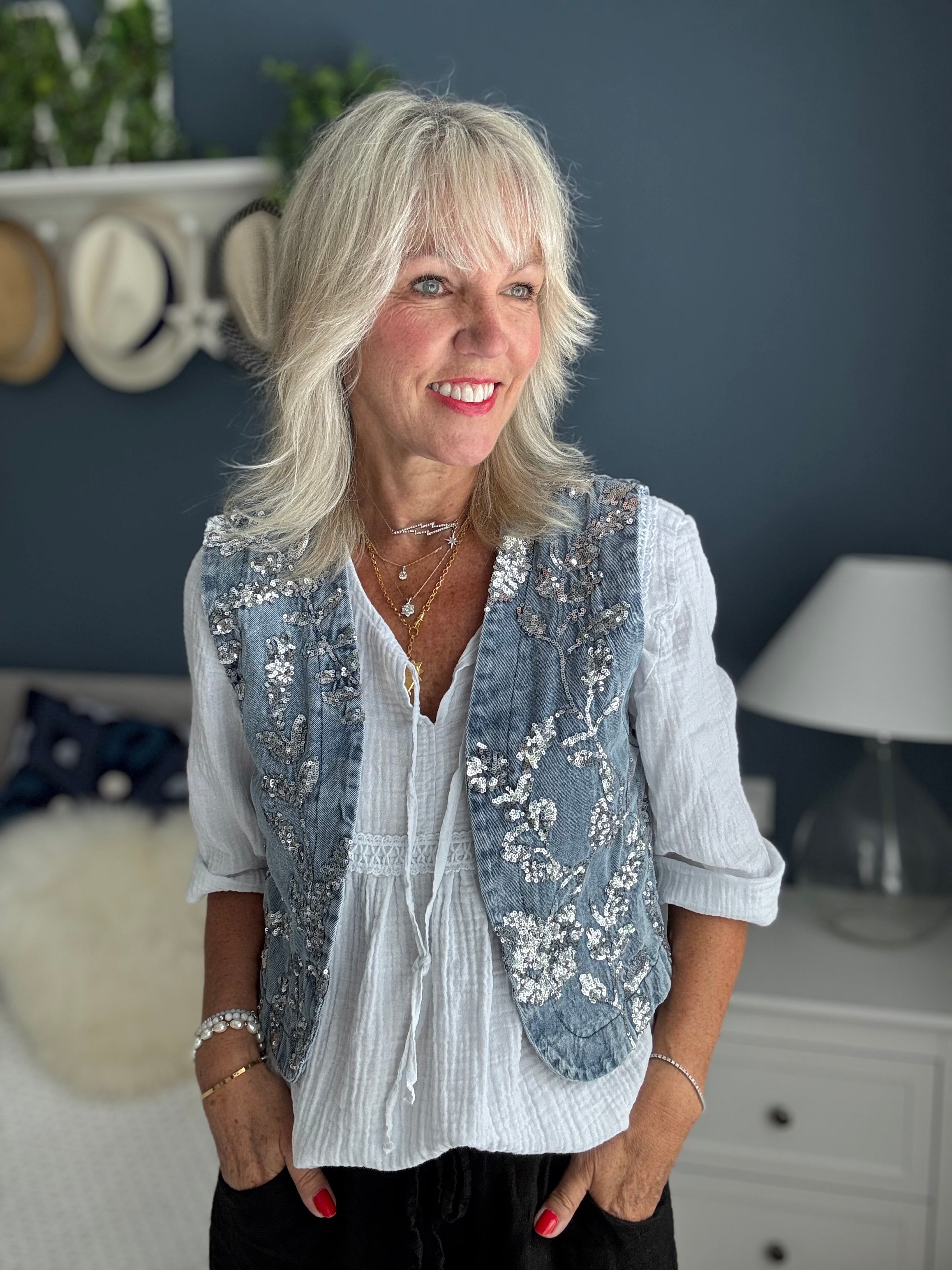 Denim Waistcoat with Sequin Detail