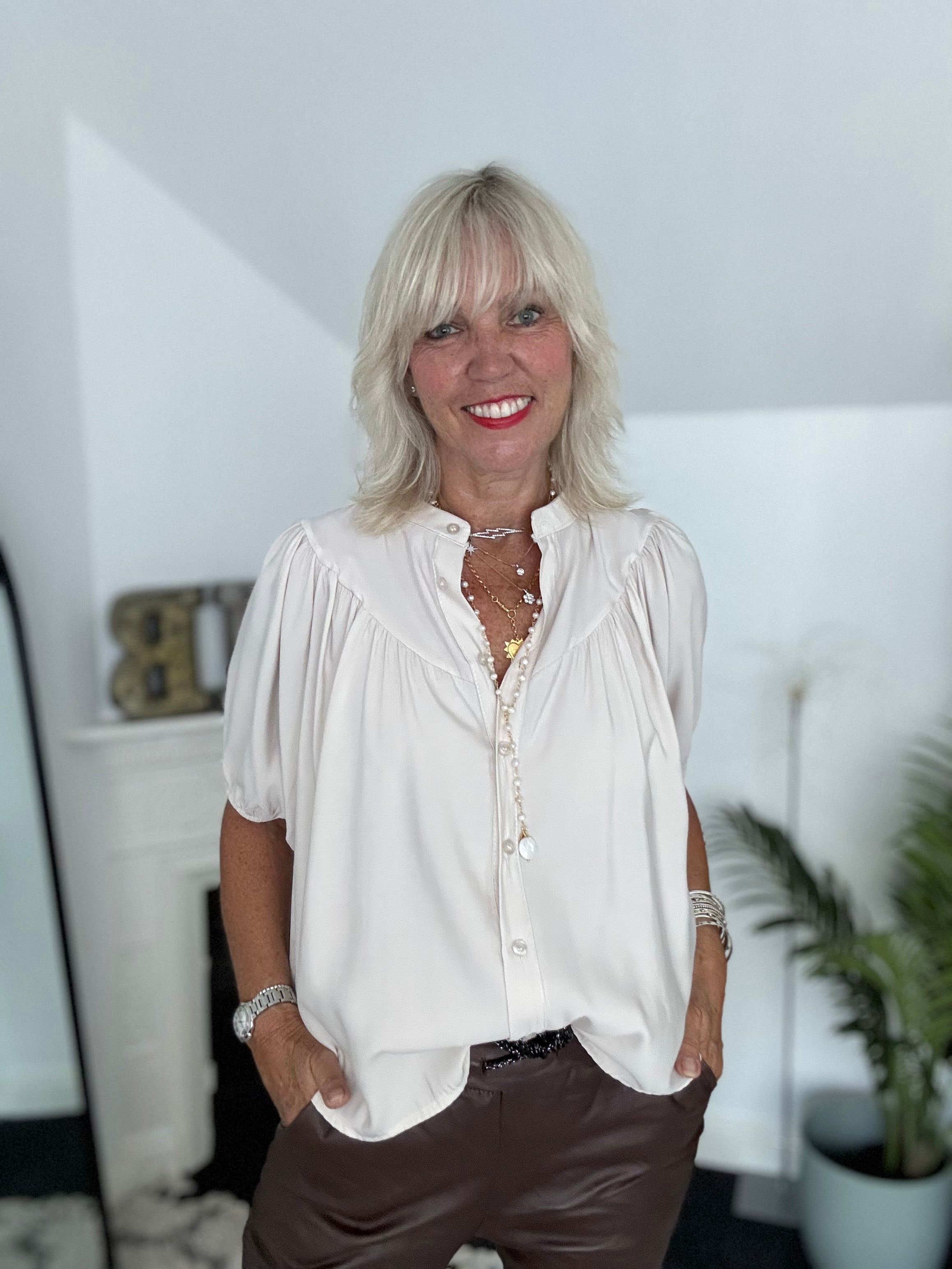 Luxe Gathered Yoke Blouse in Ecru