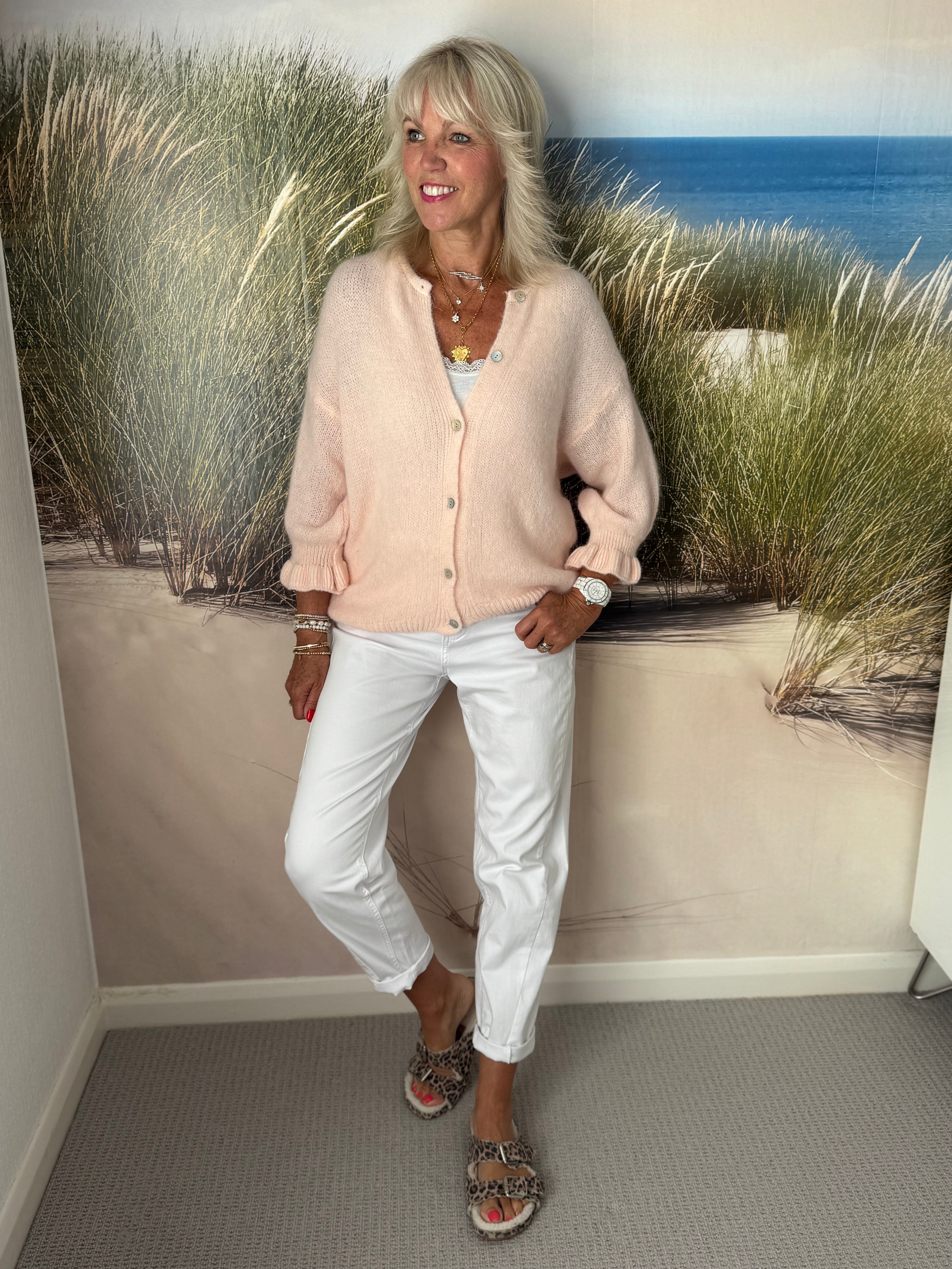 Alpaca Cardi with Frill Cuffs in Shell Pink