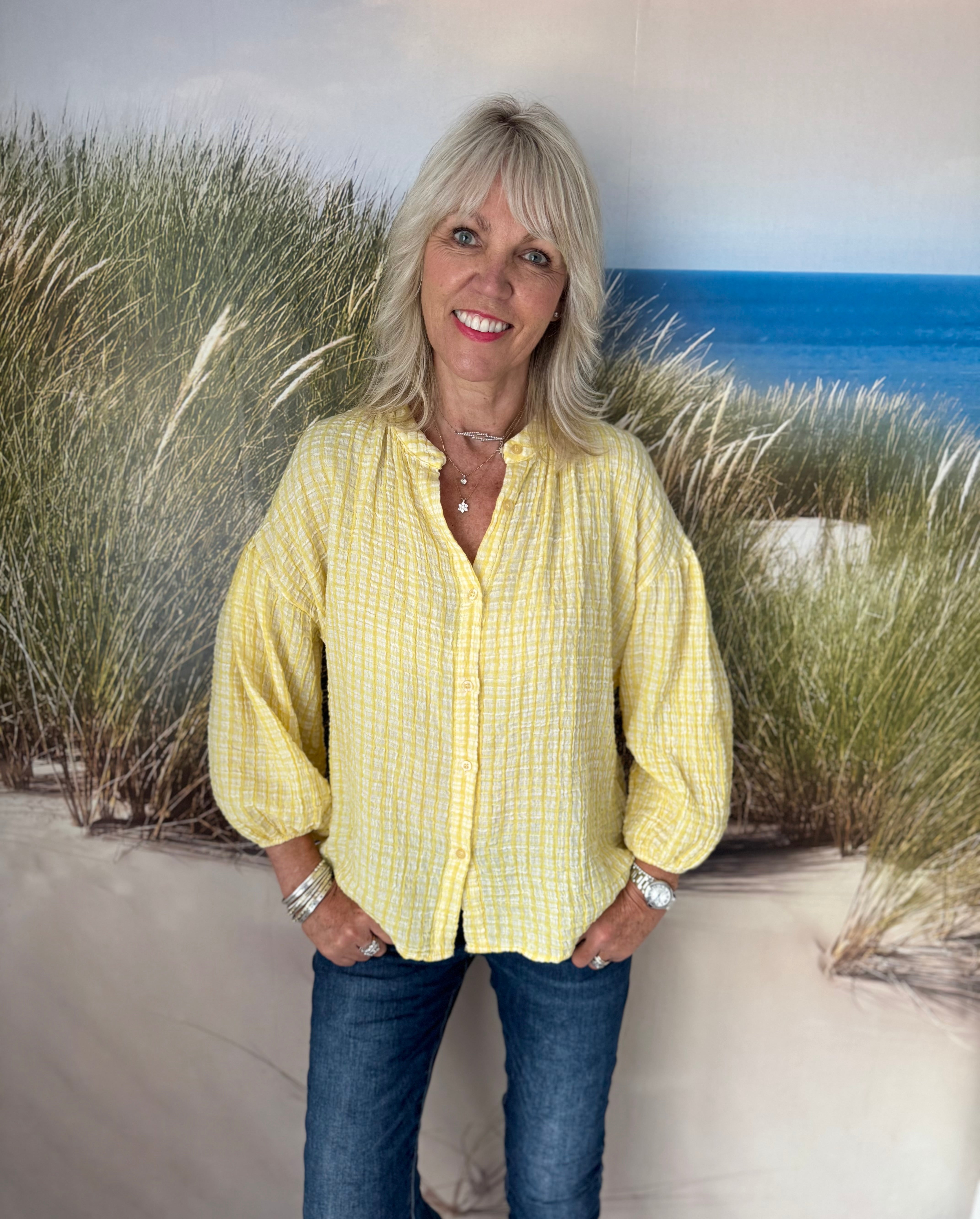 Gingham Seersucker Blouse in Lemon
