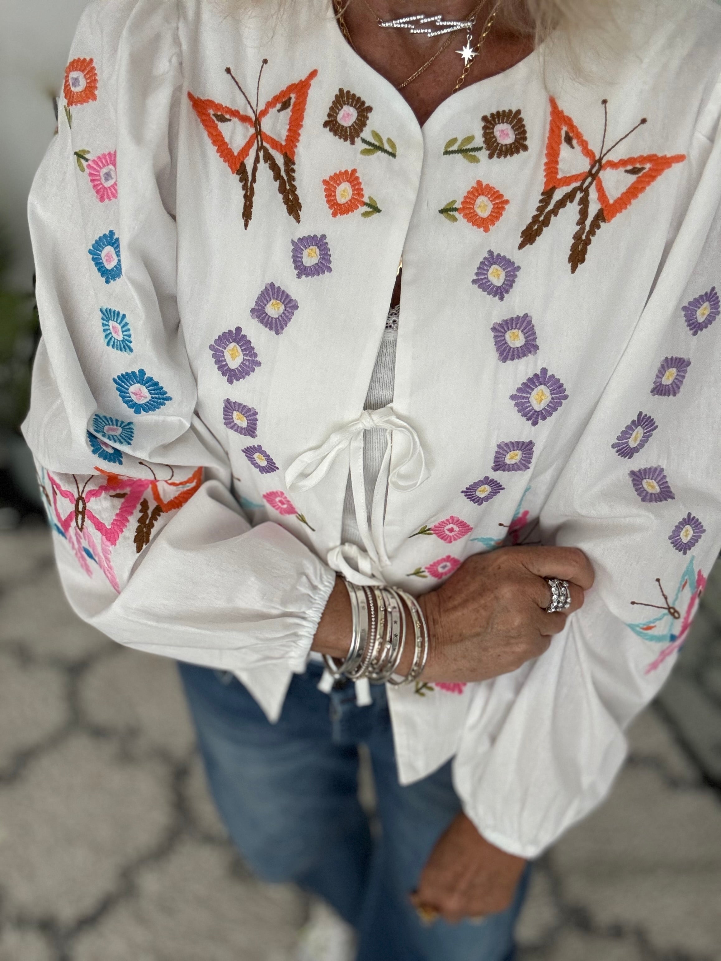 Embroidered Shirt Jacket with Tie Front