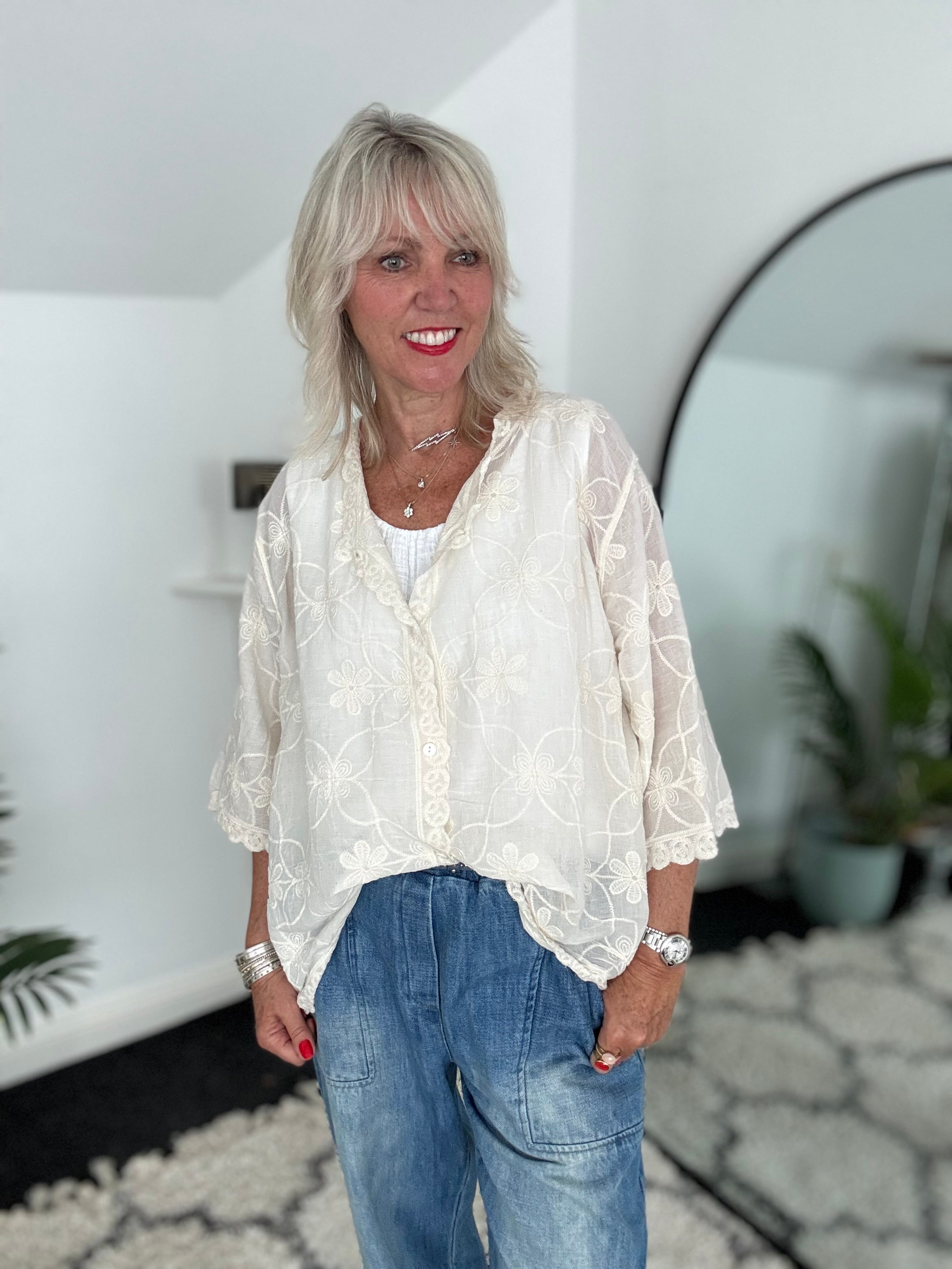 Buttoned Lace Top in Ecru