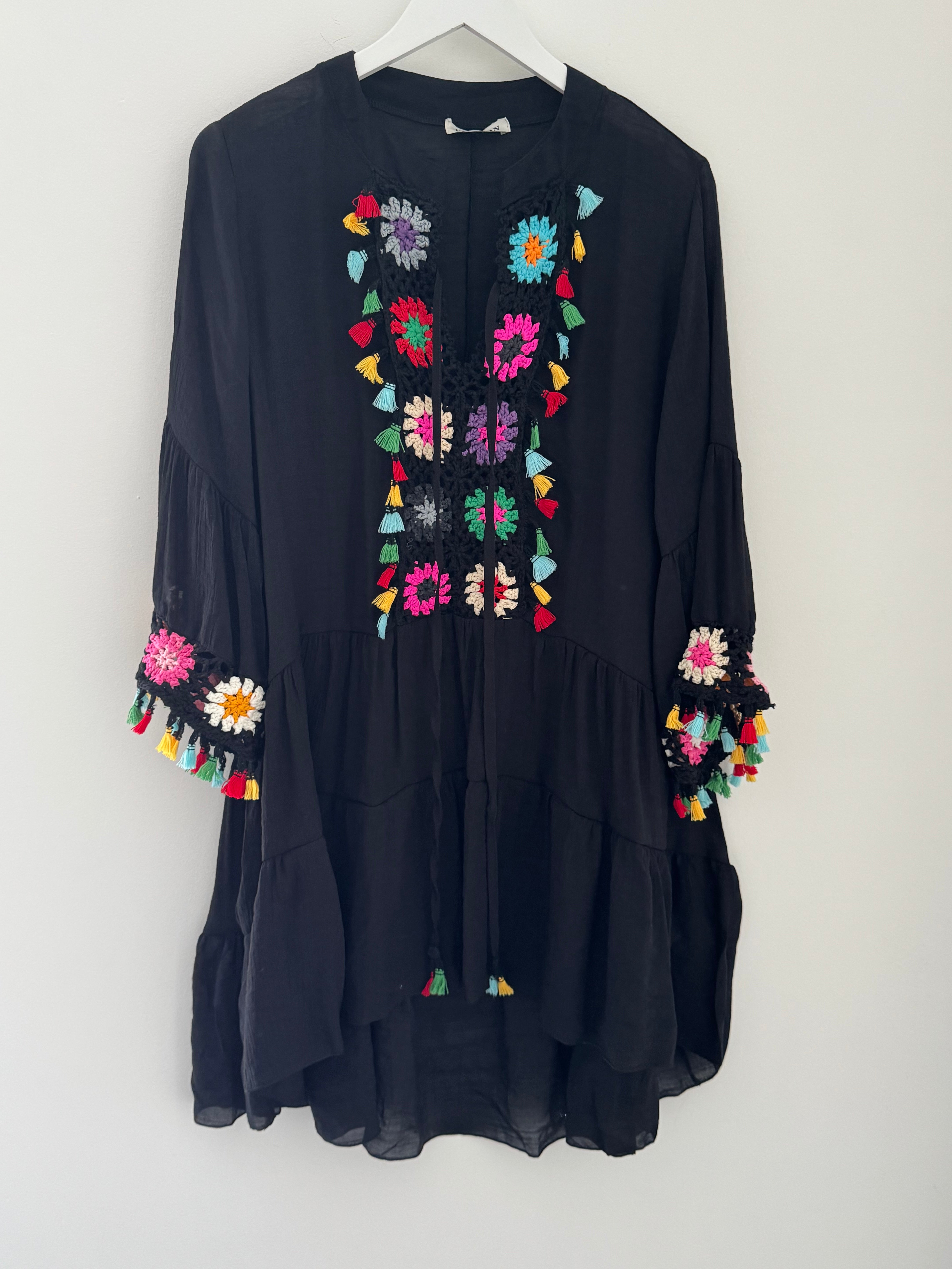 Cotton Mix Sundress with Crochet Detail in Black