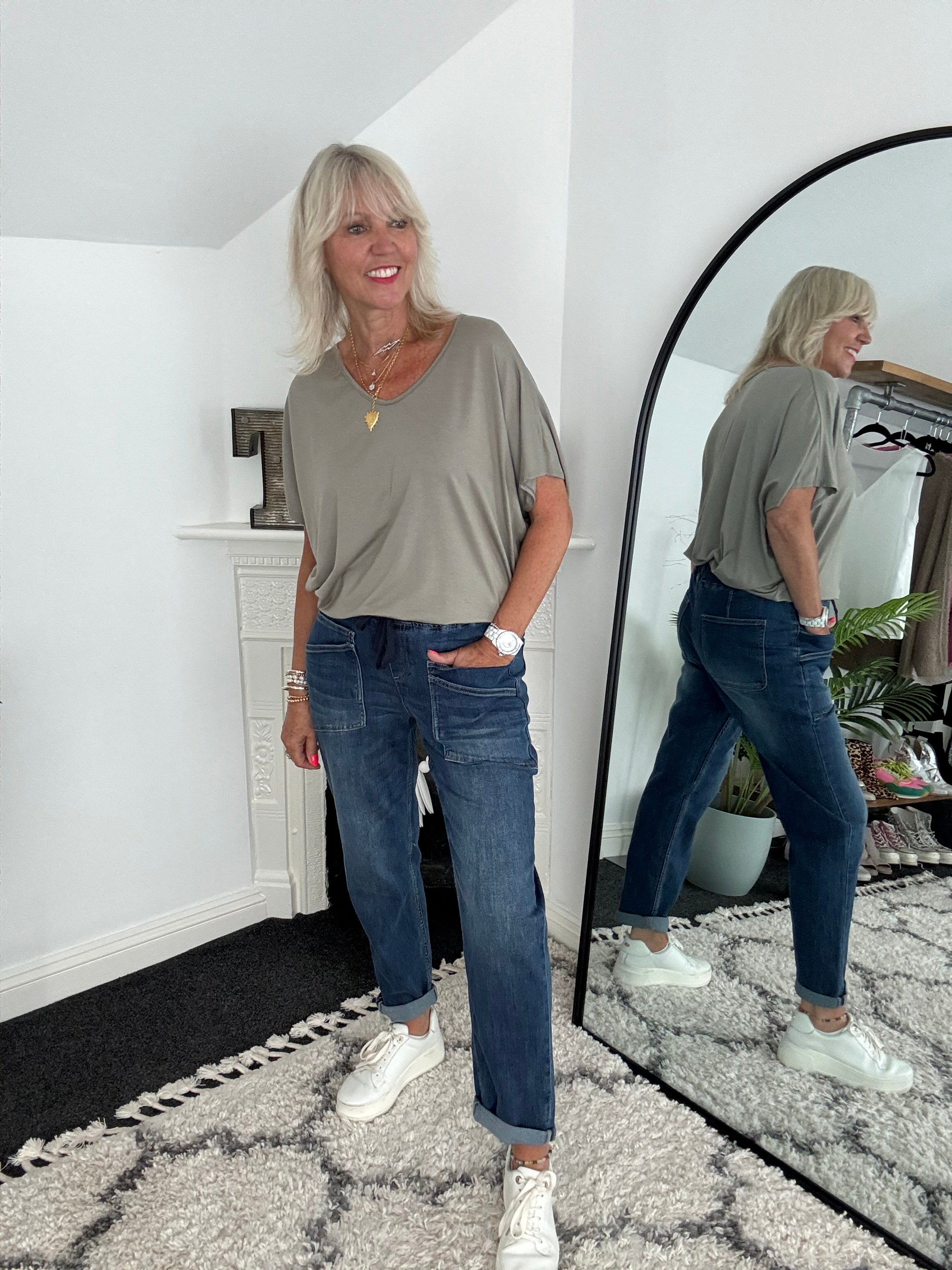 Double Pocket Jean Joggers with Elasticated Waist
