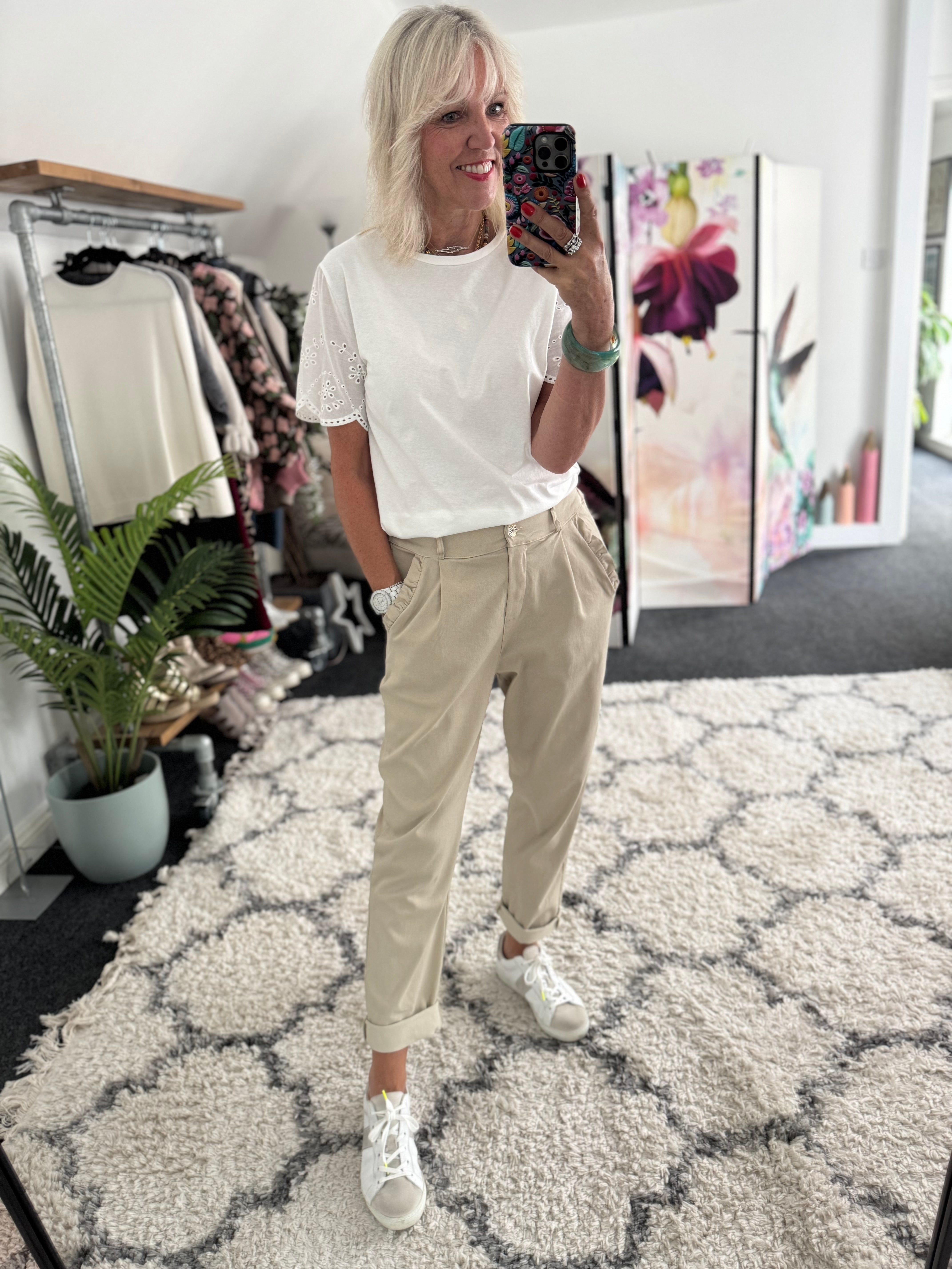 Luxe Stretch Trousers with Ruffle Pocket in Stone