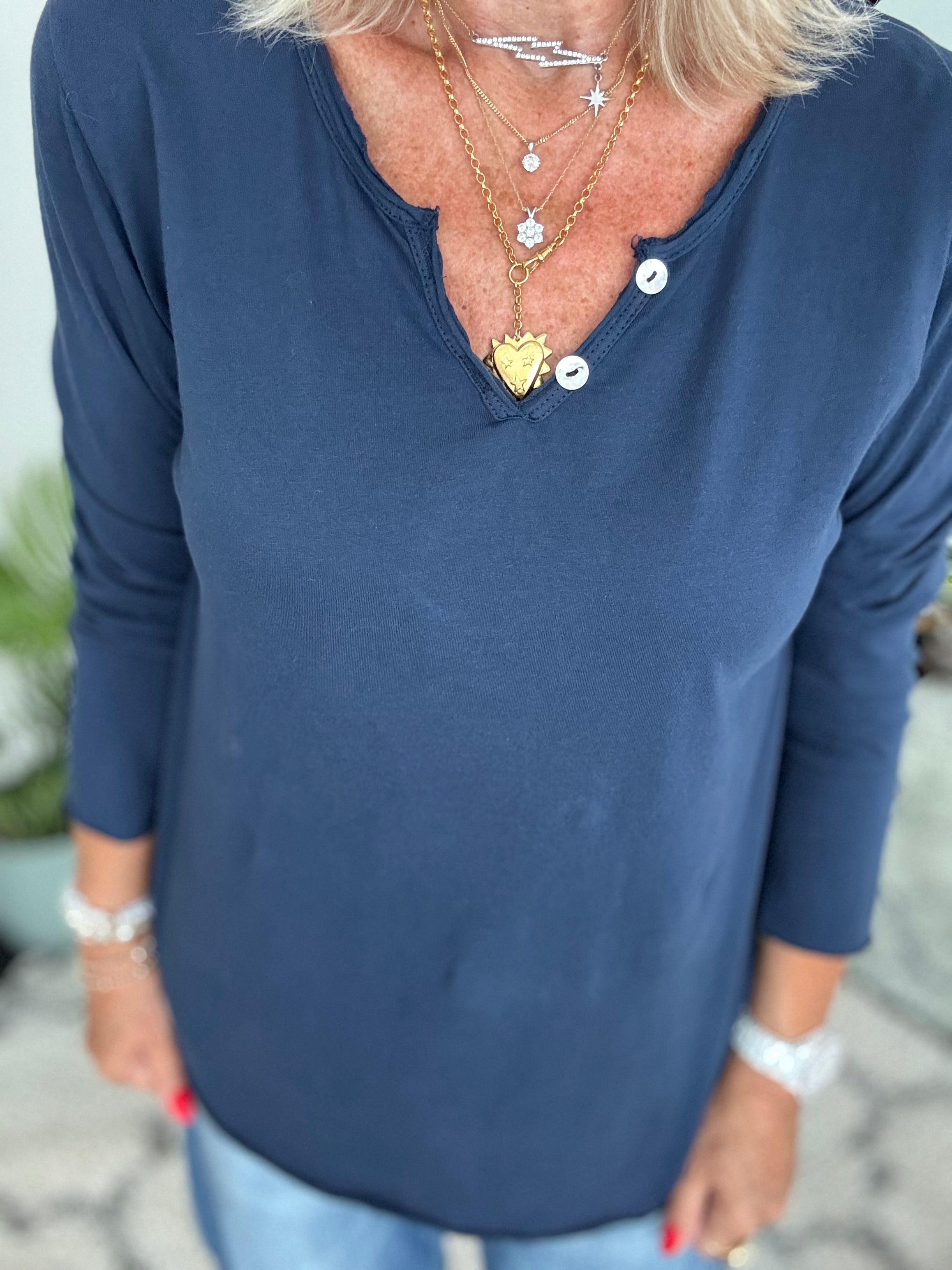 Long Sleeve Cotton Top in Navy