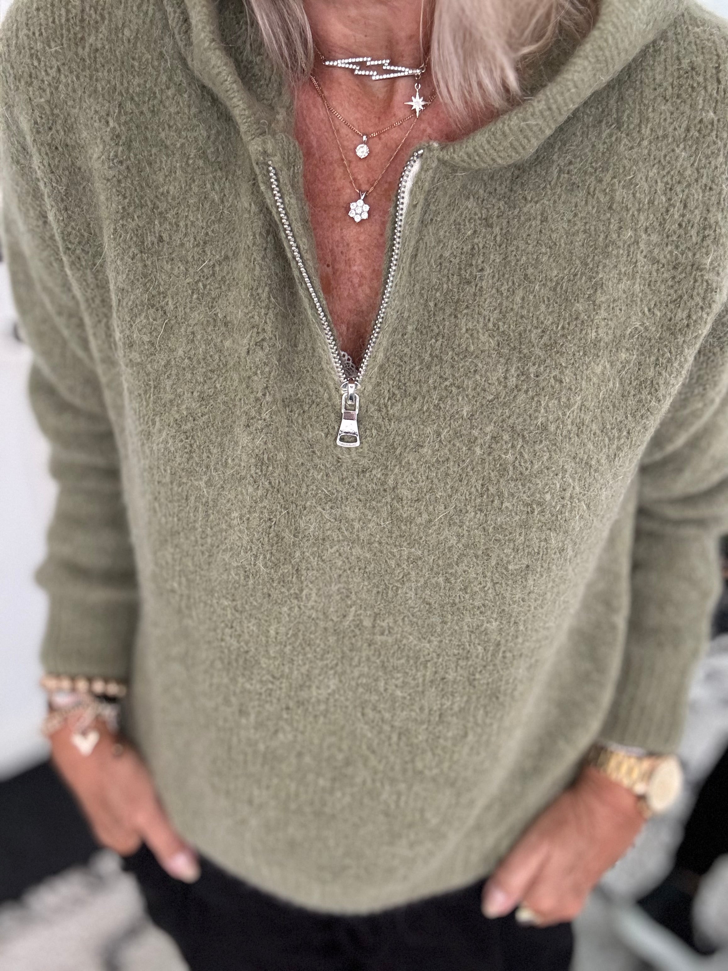 Hooded Mohair Jumper in Khaki Olive