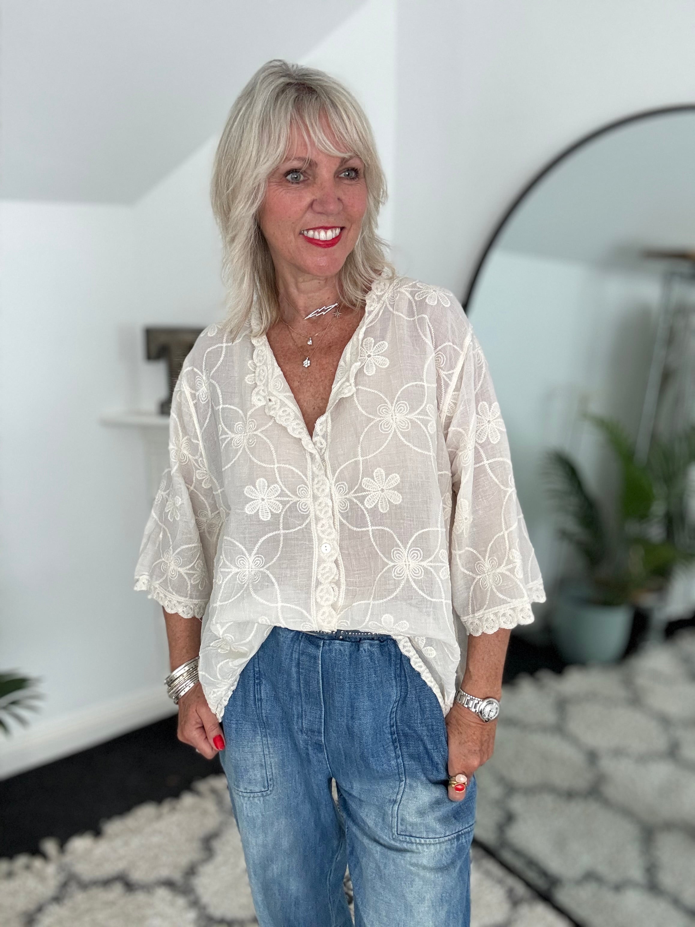 Buttoned Lace Top in Ecru