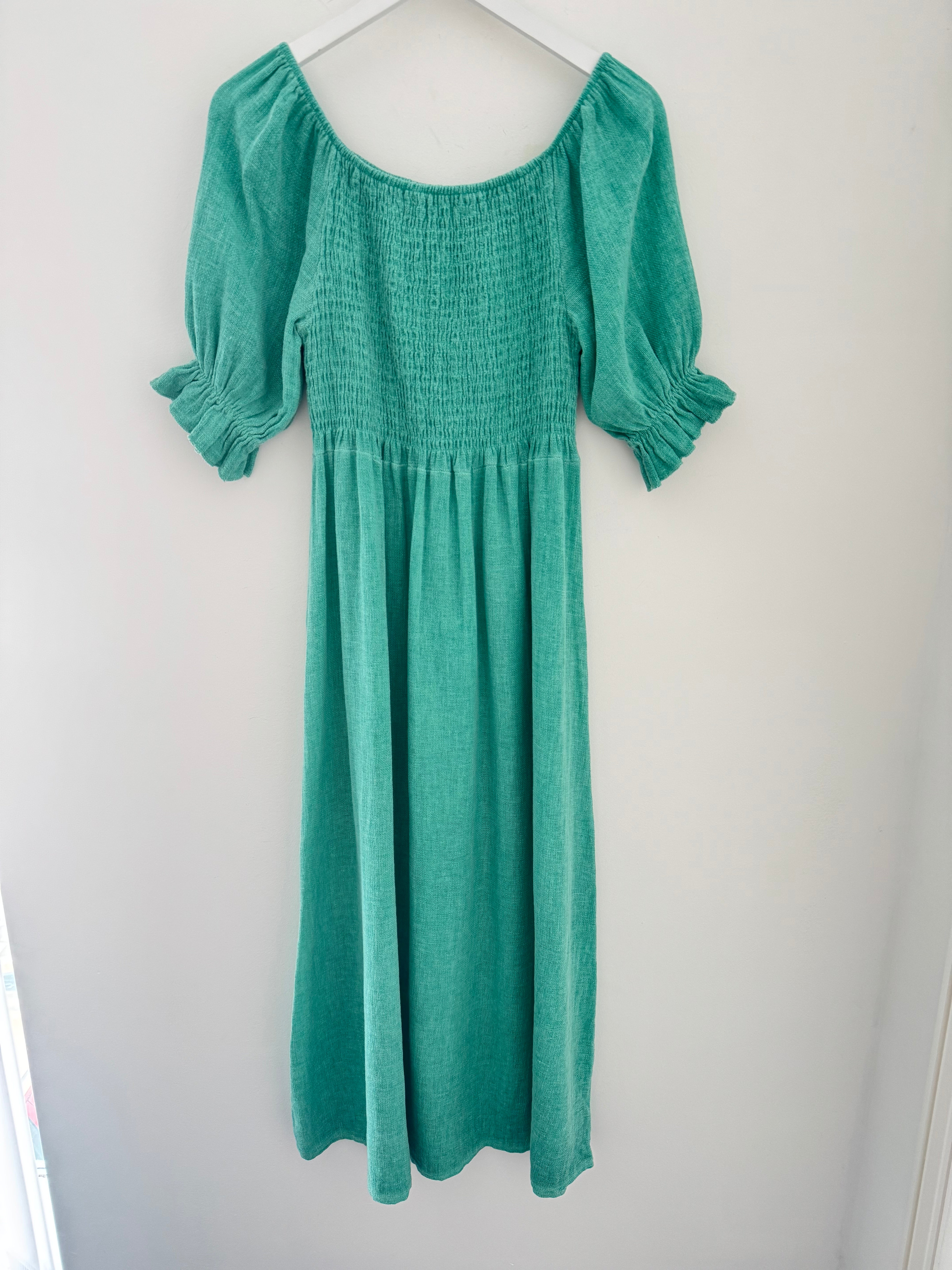 Cotton & Linen Shirred Dress in Ocean Green