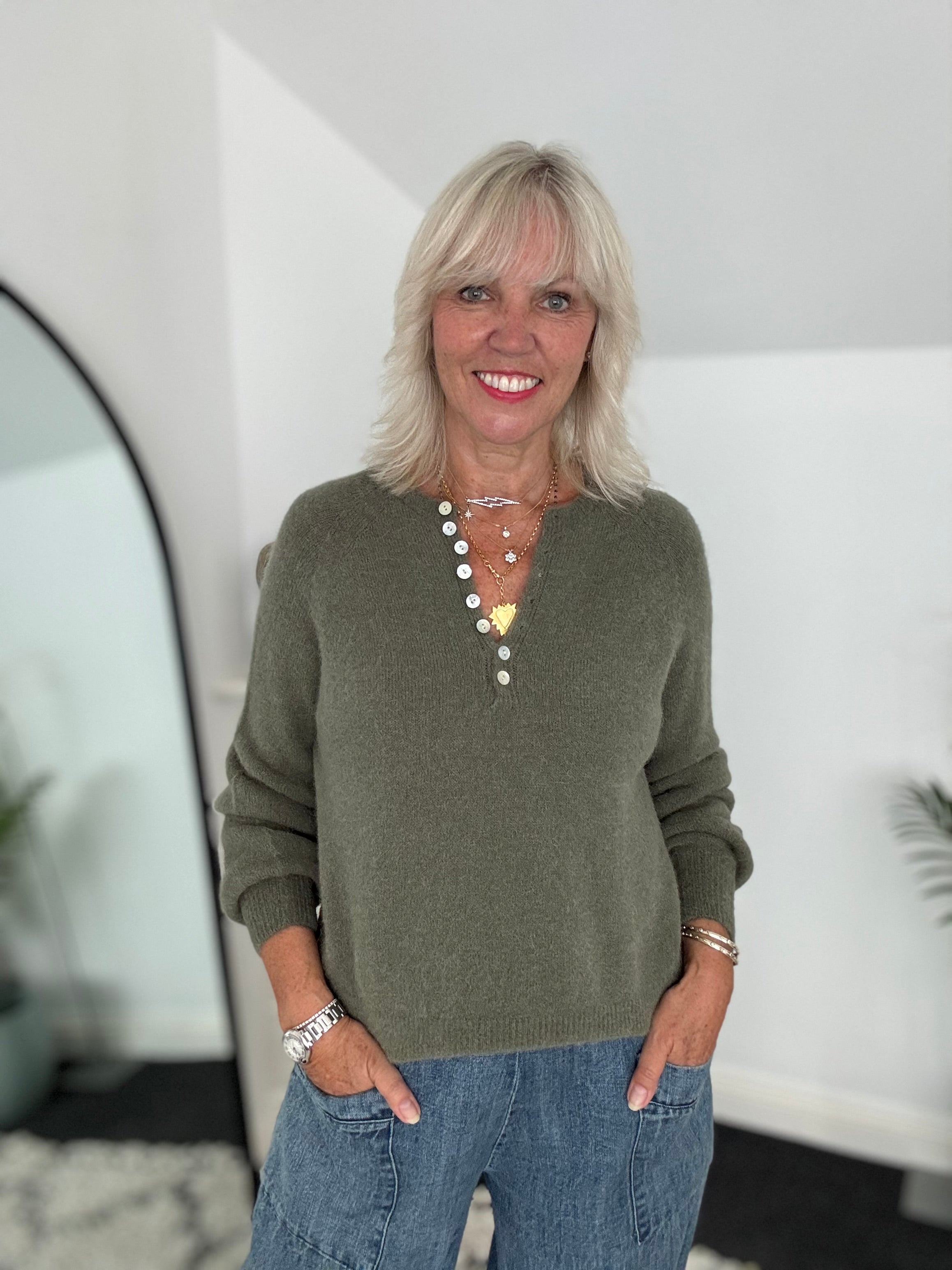 Softie Jumper with Button Neck in Khaki