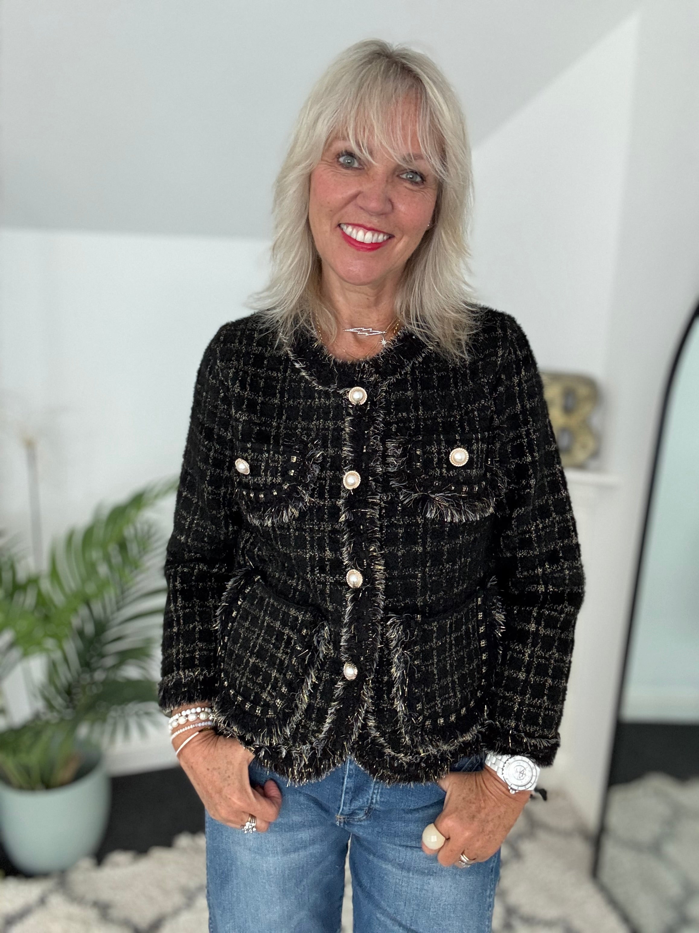 Pearl Button & Tweed Cardi Jacket in Black