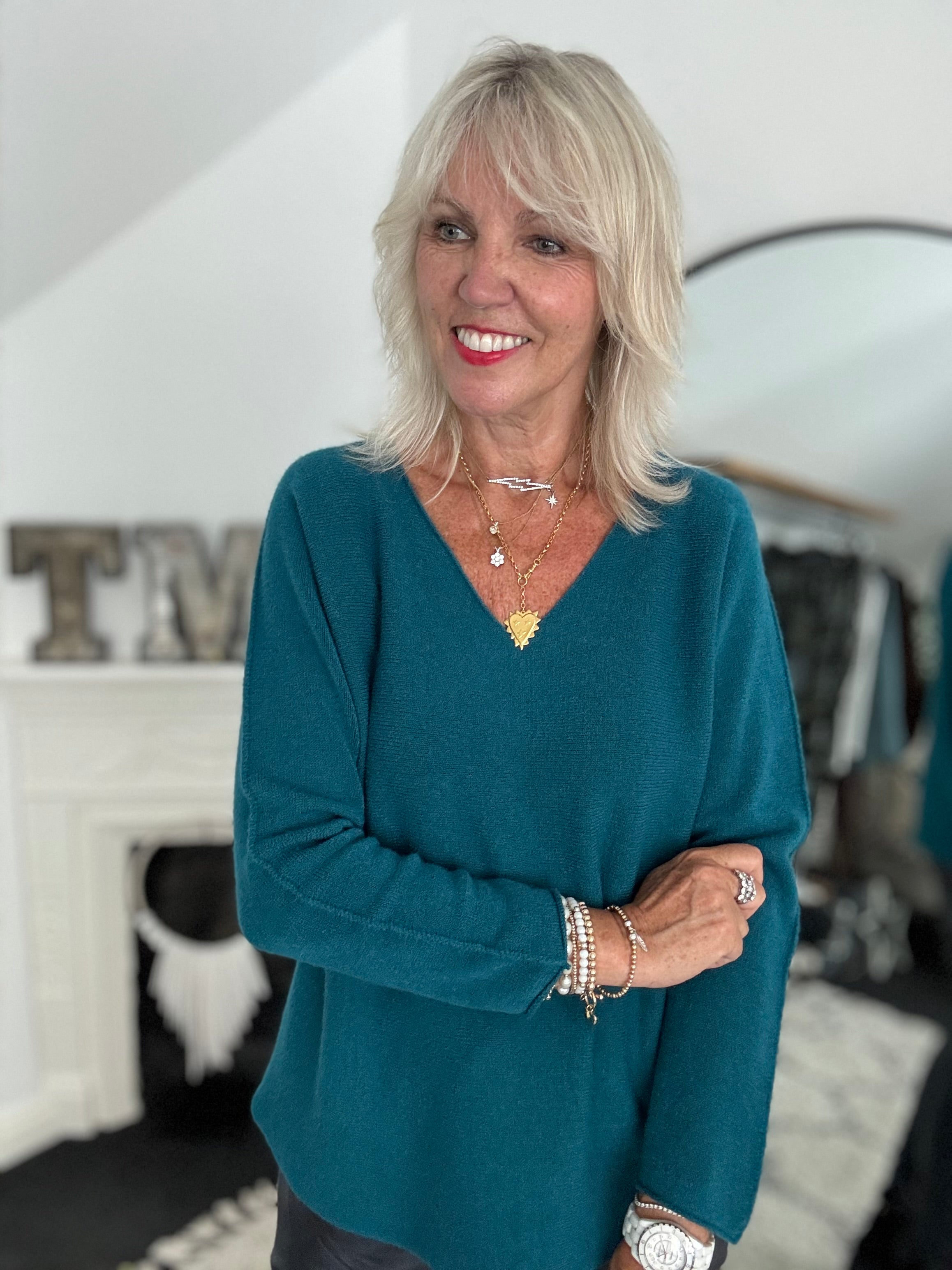 Simple V Neck Jumper in Teal