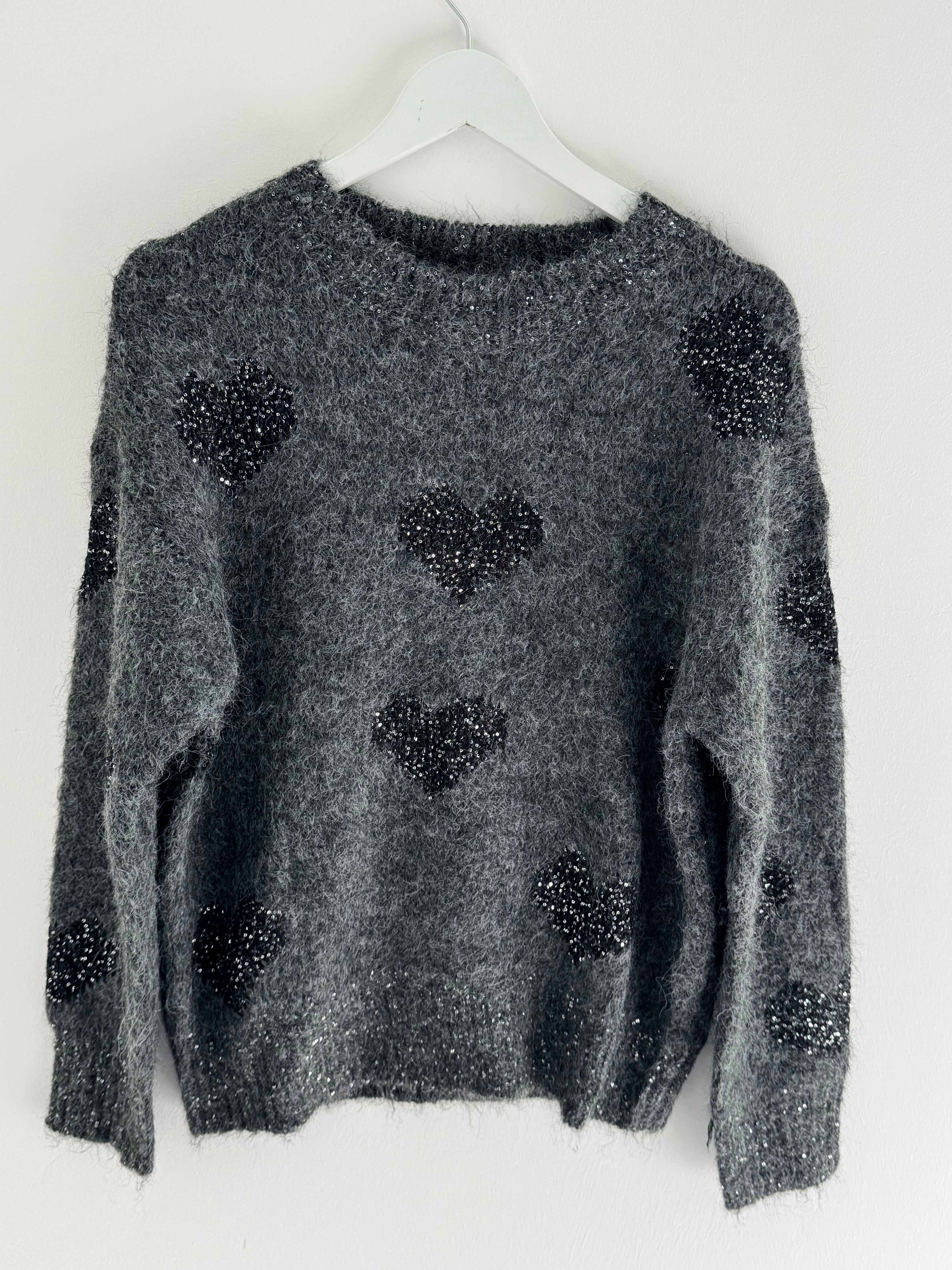Sequin Heart Jumper in Charcoal