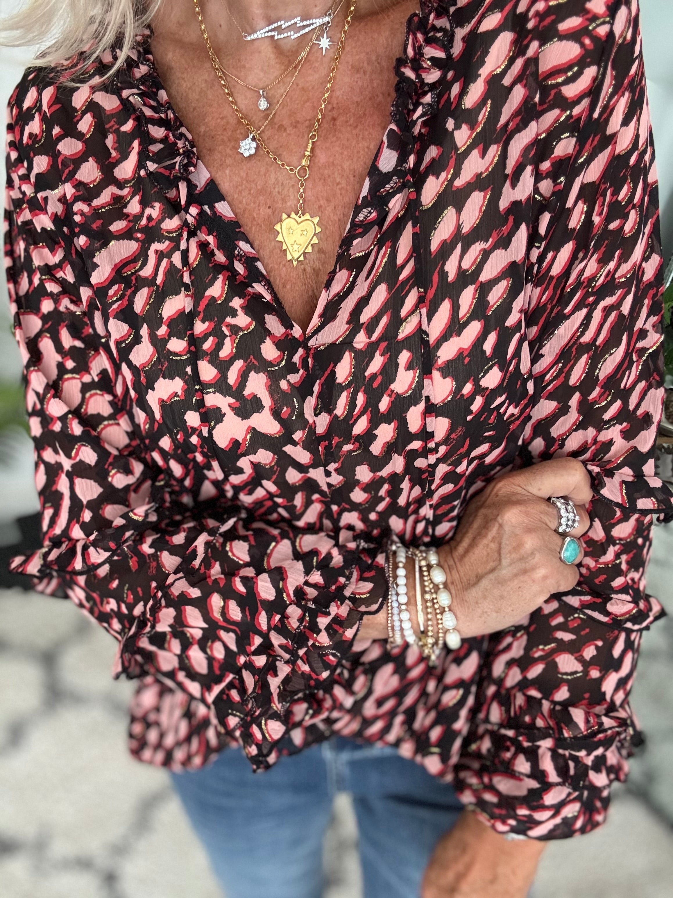 Chiffon Print Blouse in Pink & Black