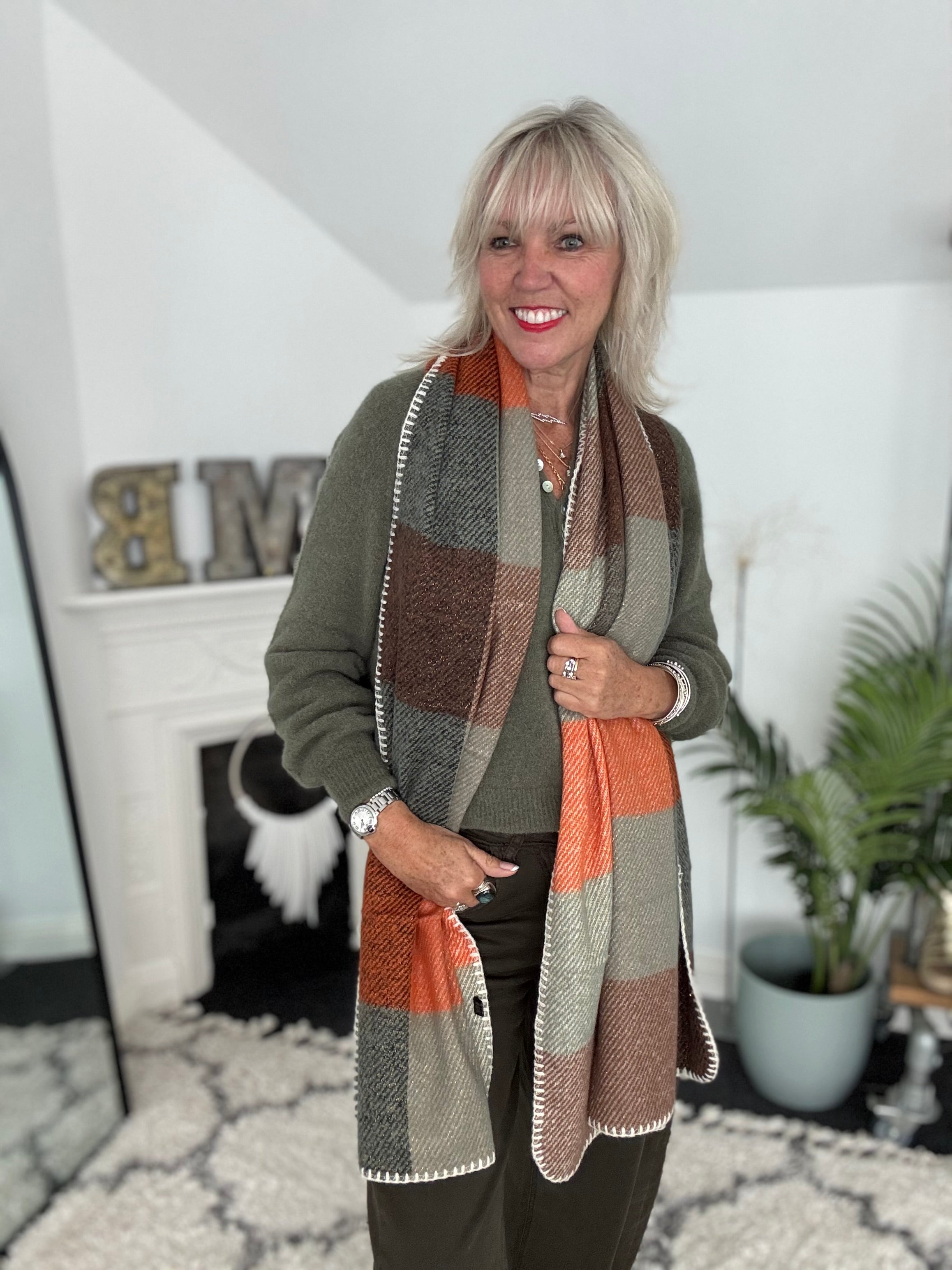 Super Soft Check Scarf in Khaki & Orange