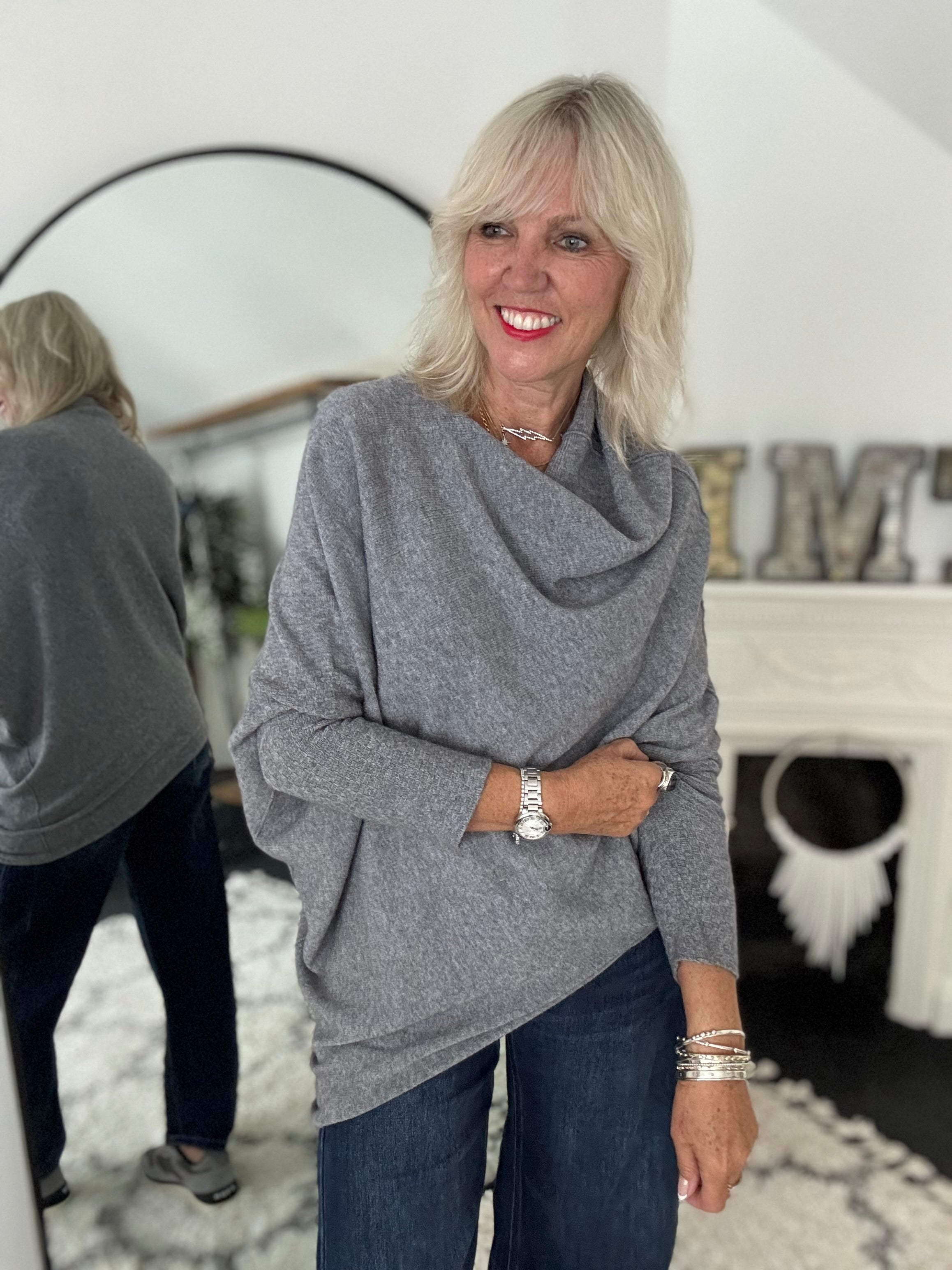 Cowl Neck Asymmetric Jumper in Charcoal Grey