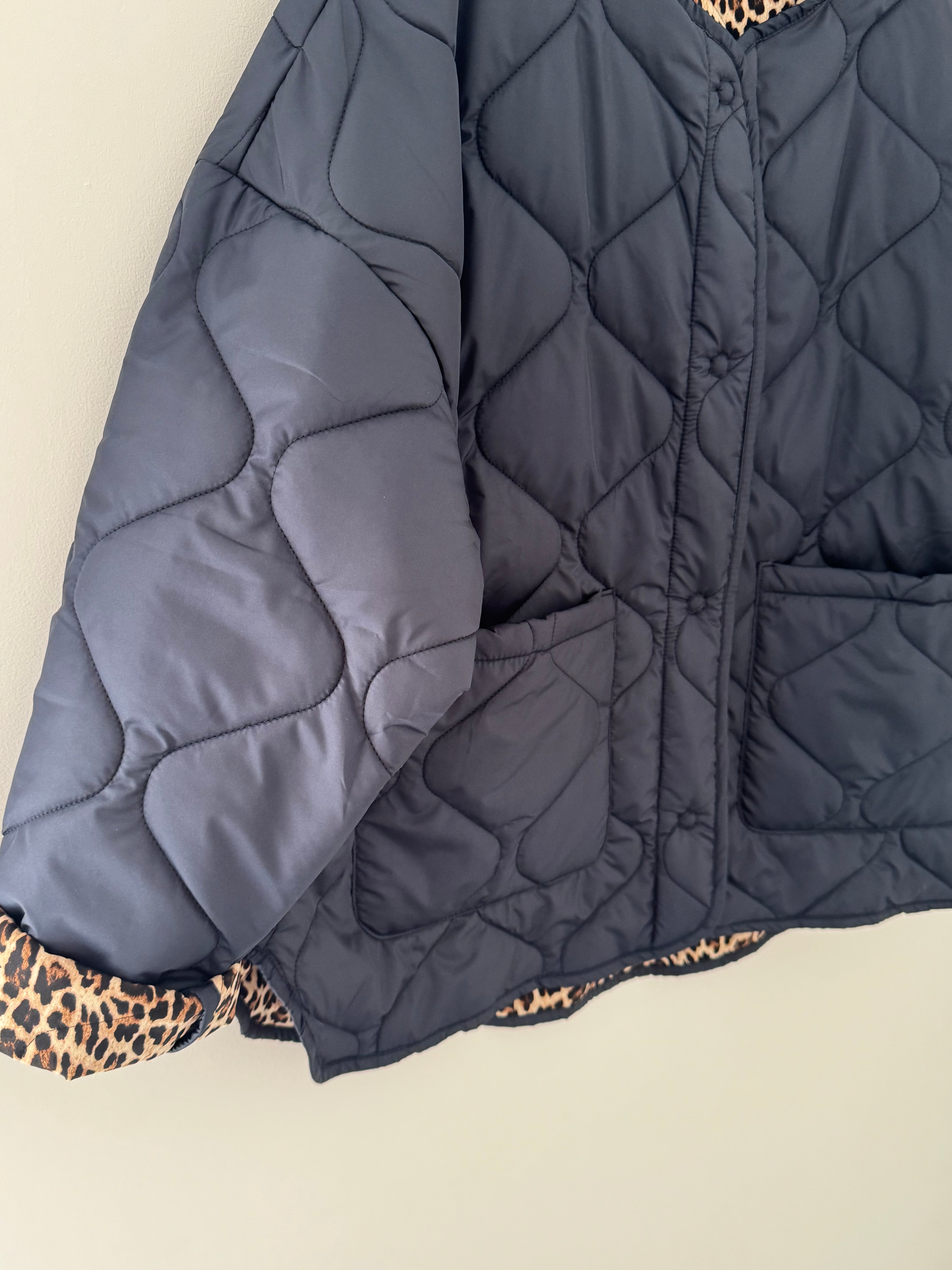 Reversible Quilted Jacket in Navy & Leopard