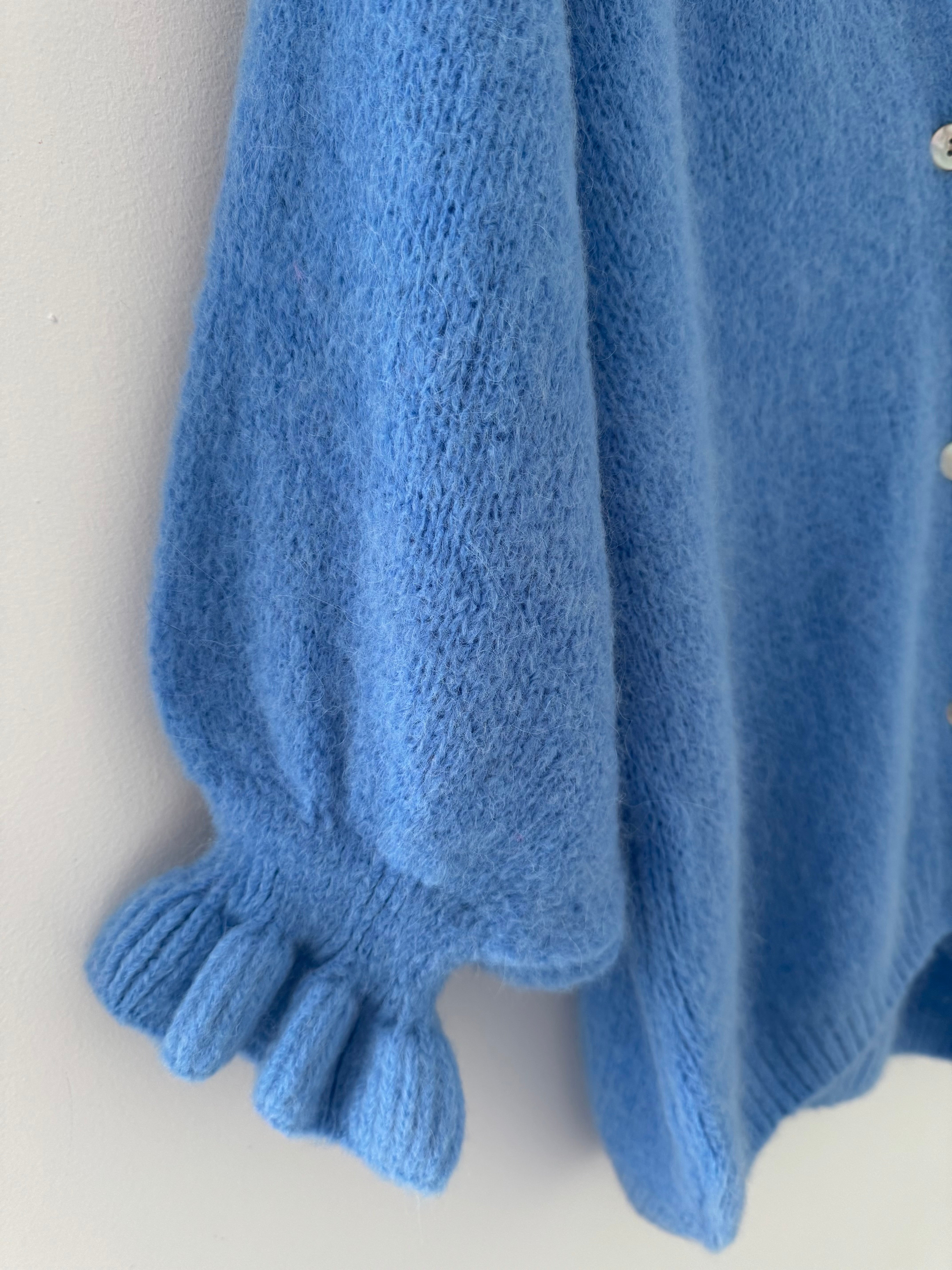 Alpaca Cardi with Frill Cuffs in Cornflower Blue