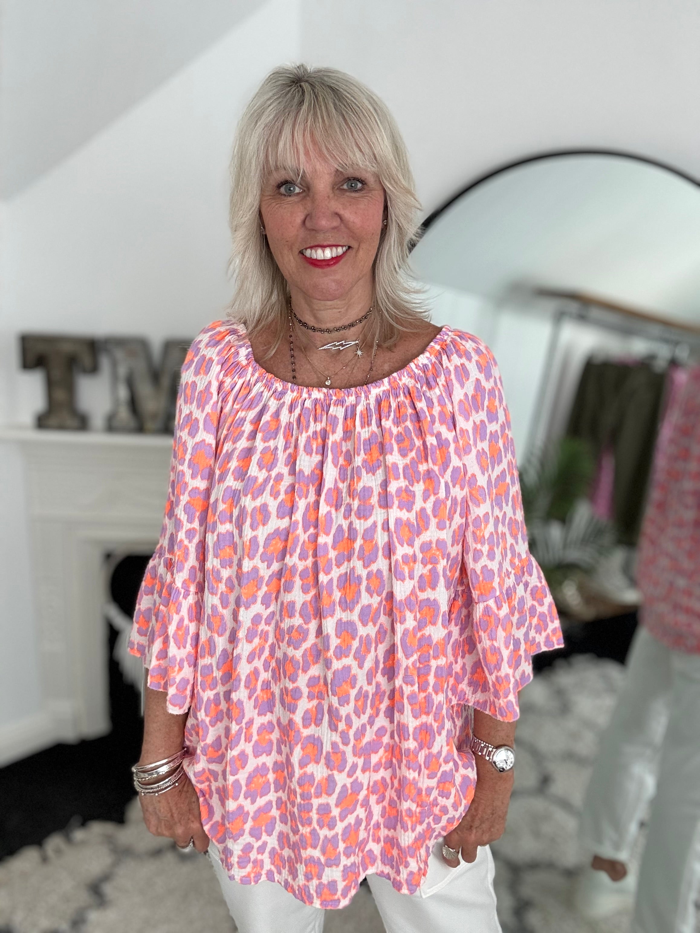 Cheesecloth Bardot Top in Lilac & Orange Leopard