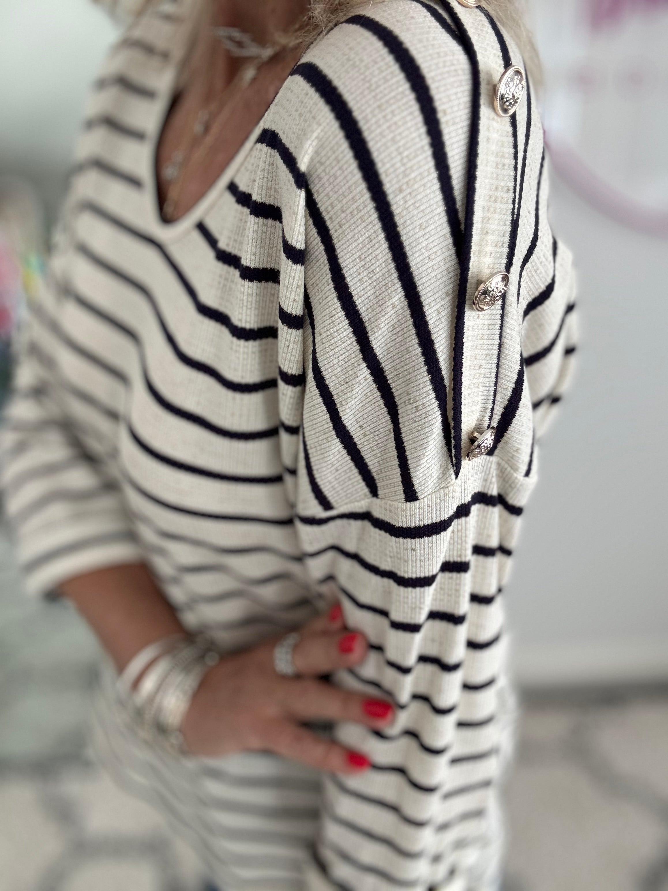 Stripe Knit with Gold Buttons in Ink & Ivory