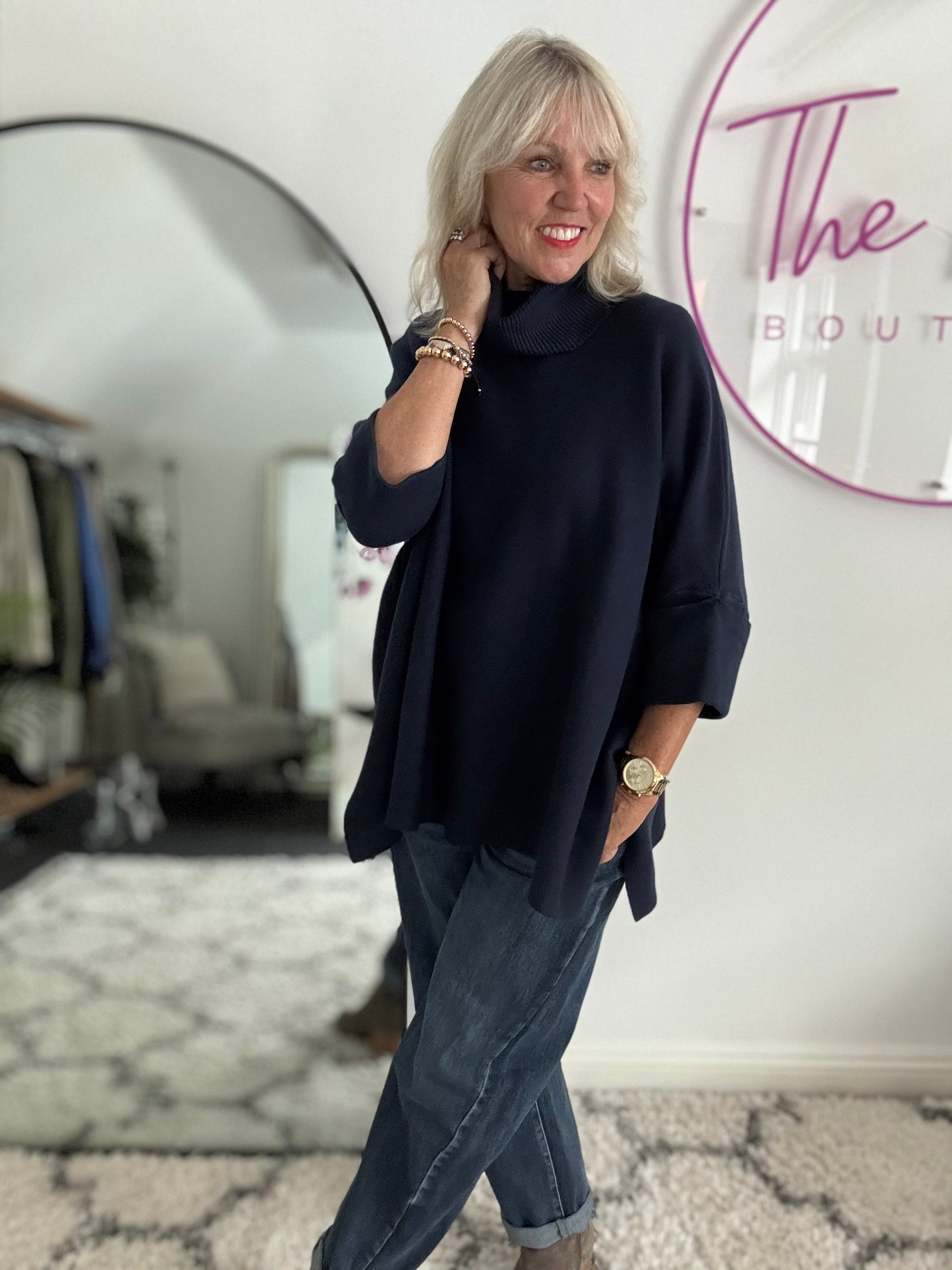 Oversized Roll Neck Poncho Jumper in Ink