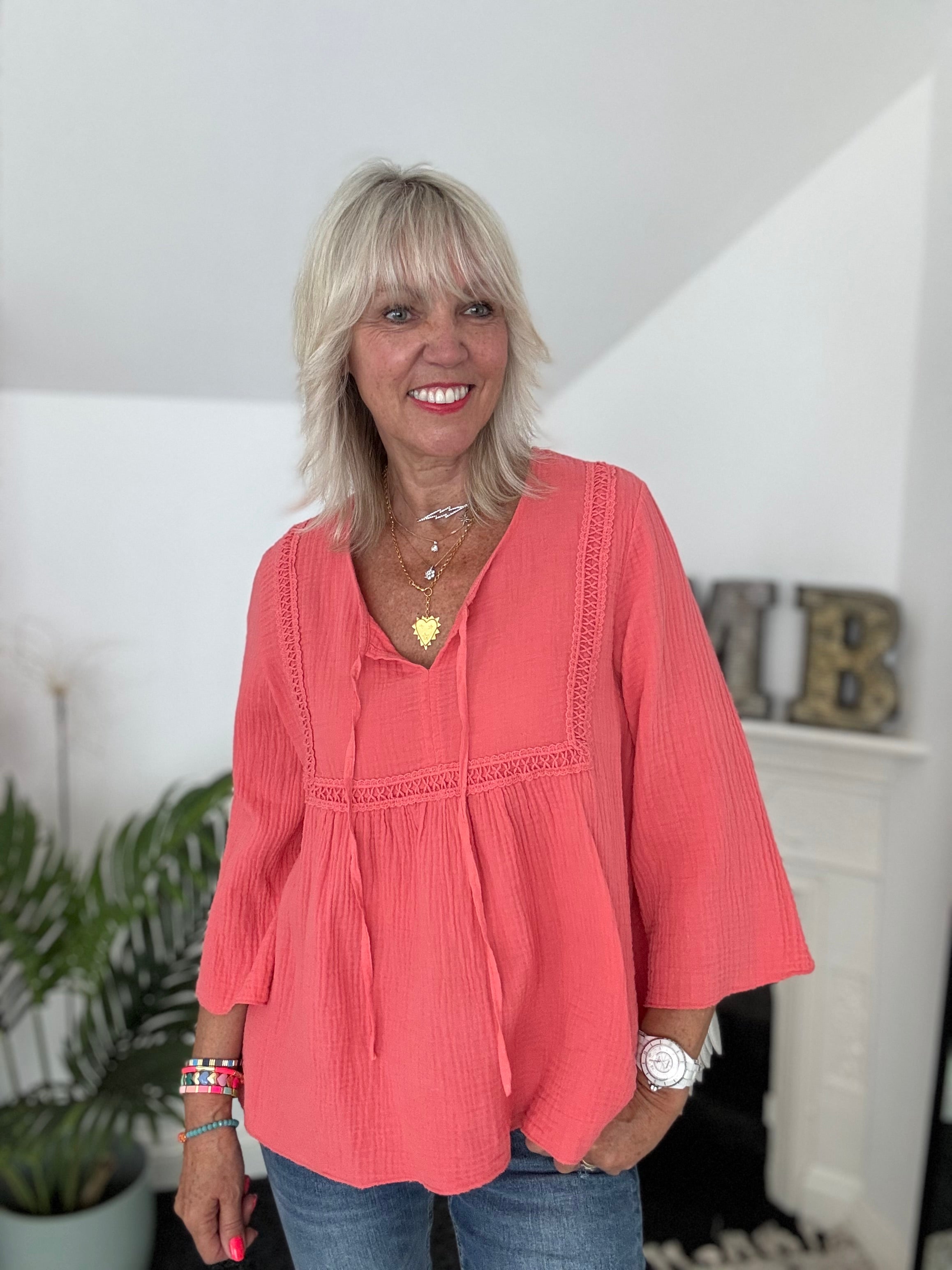 Cheesecloth Folk Blouse in Coral