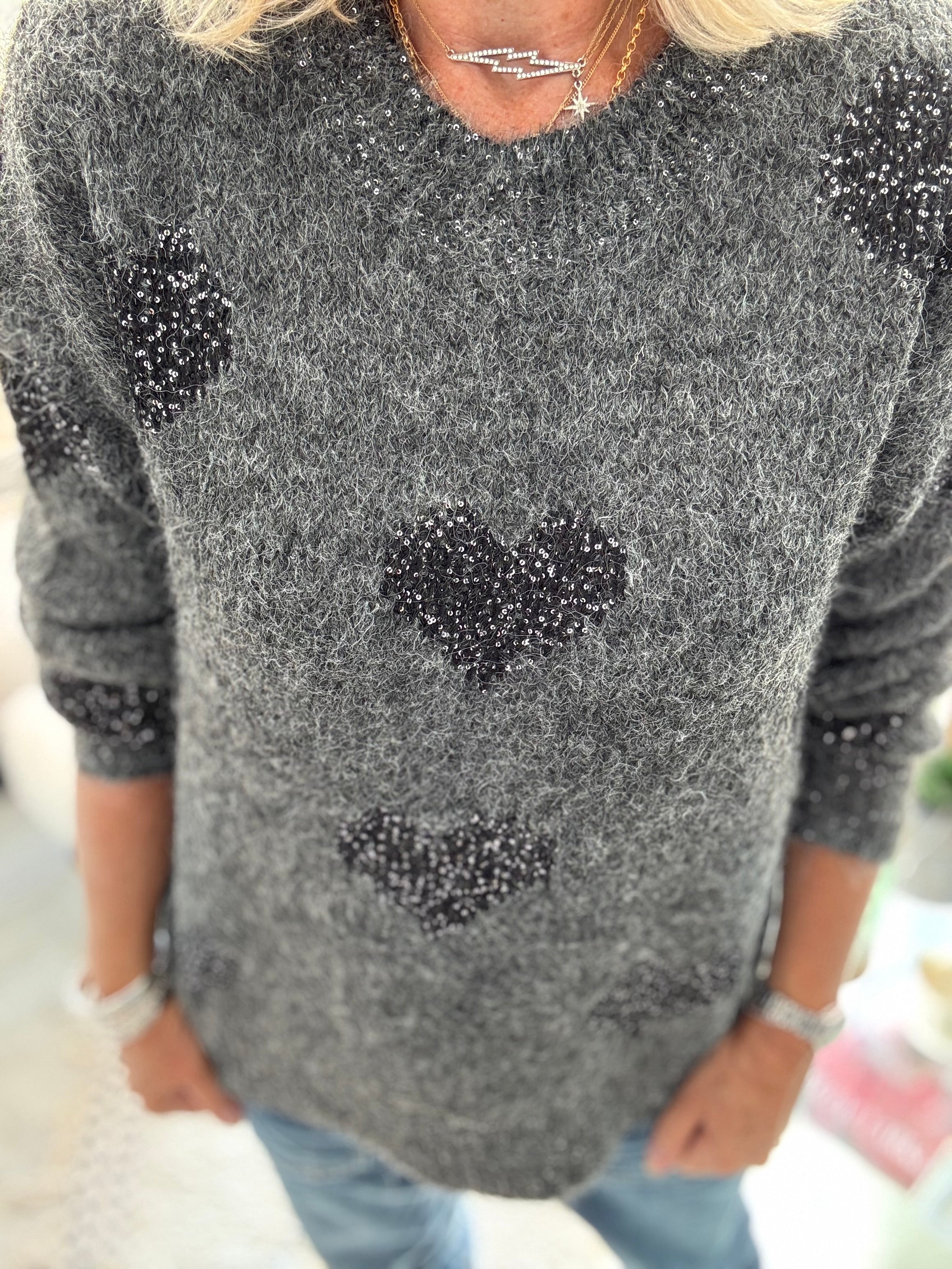 Sequin Heart Jumper in Charcoal