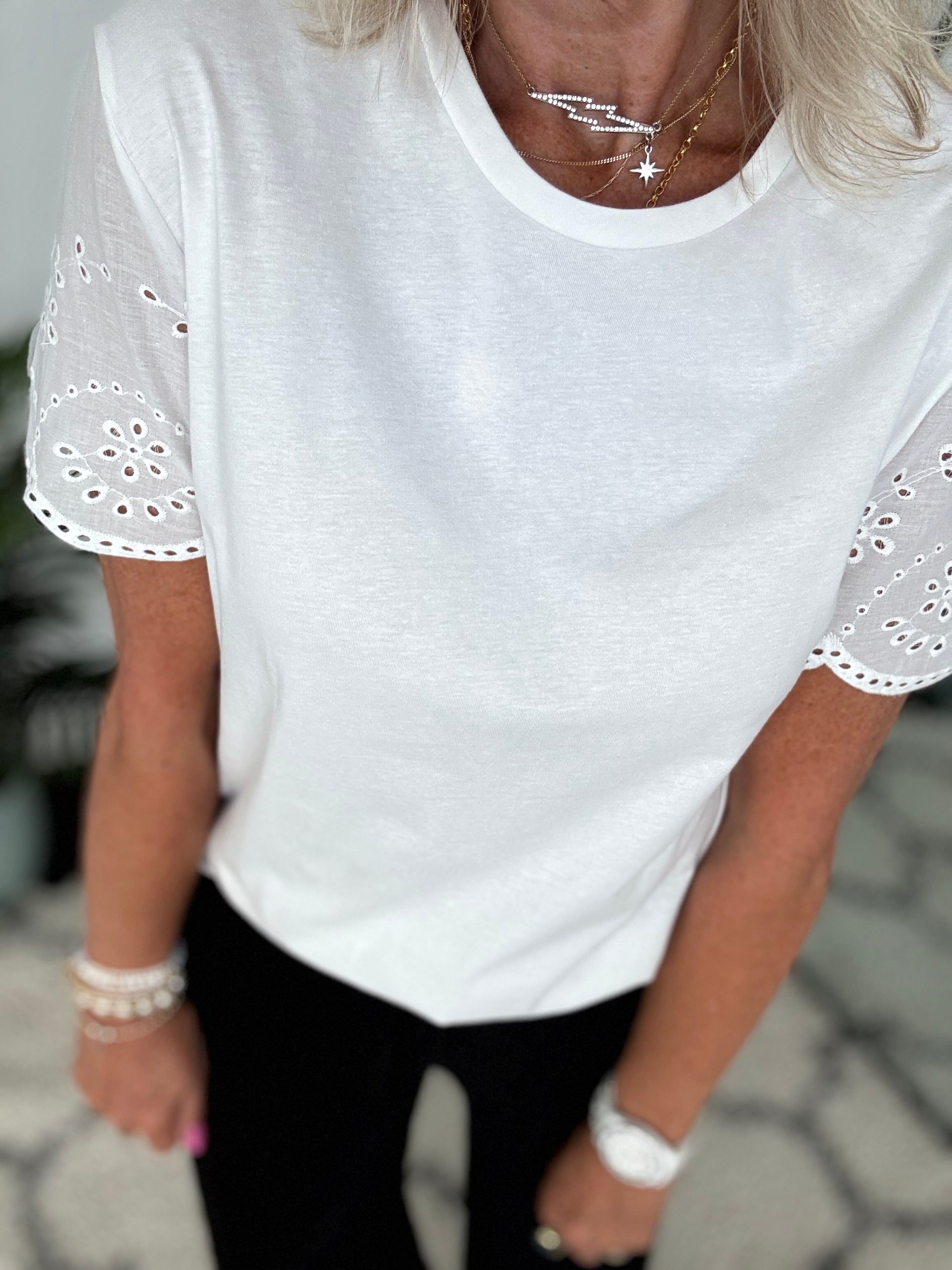 White Cotton Top with Broderie Sleeves
