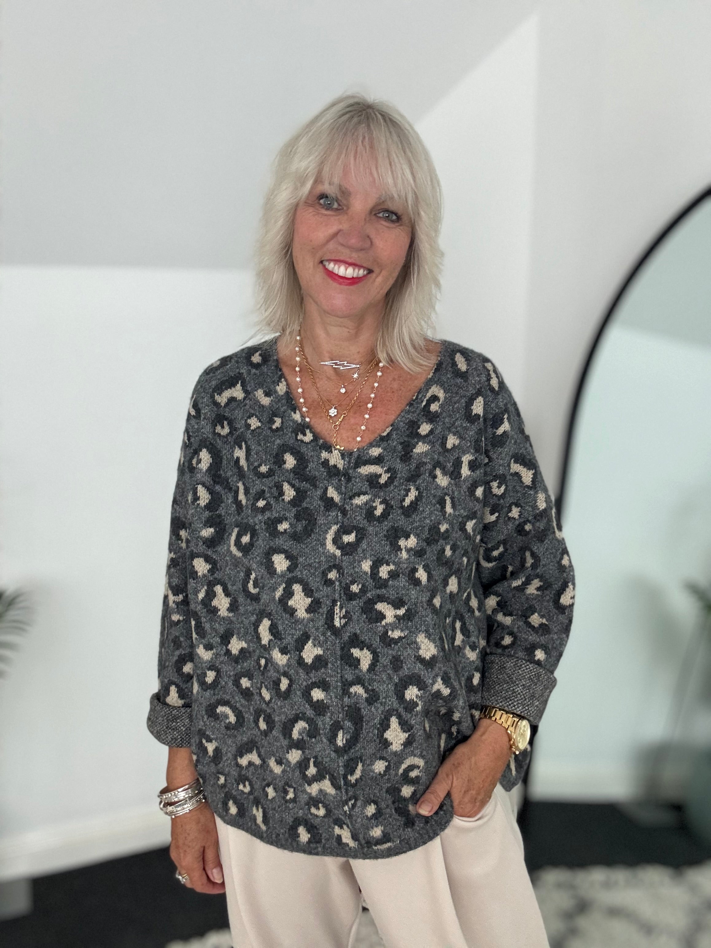 Seam Front V Neck Jumper in Grey Leopard
