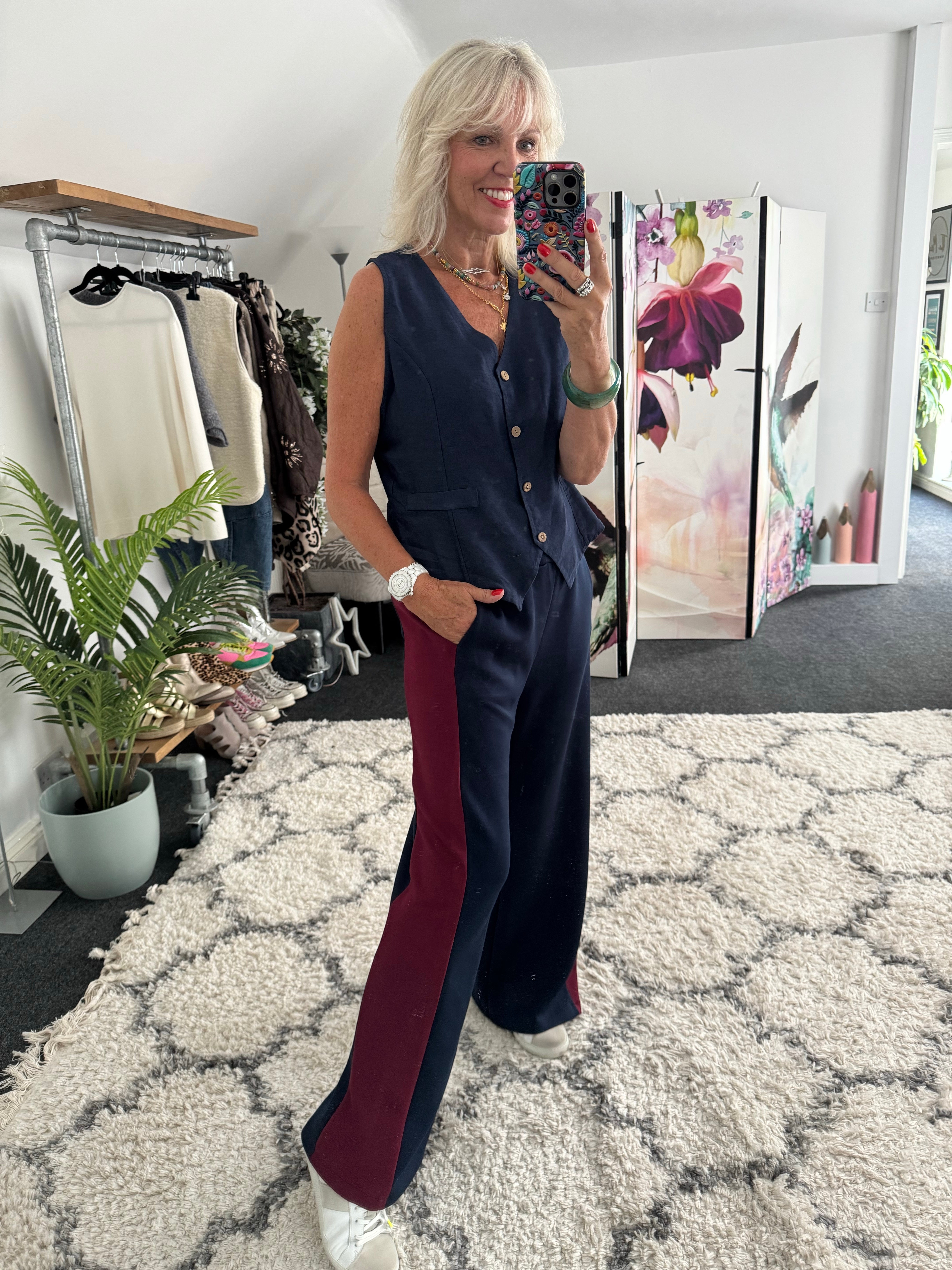 Stretch Trousers with Side Stripe in Navy & Claret