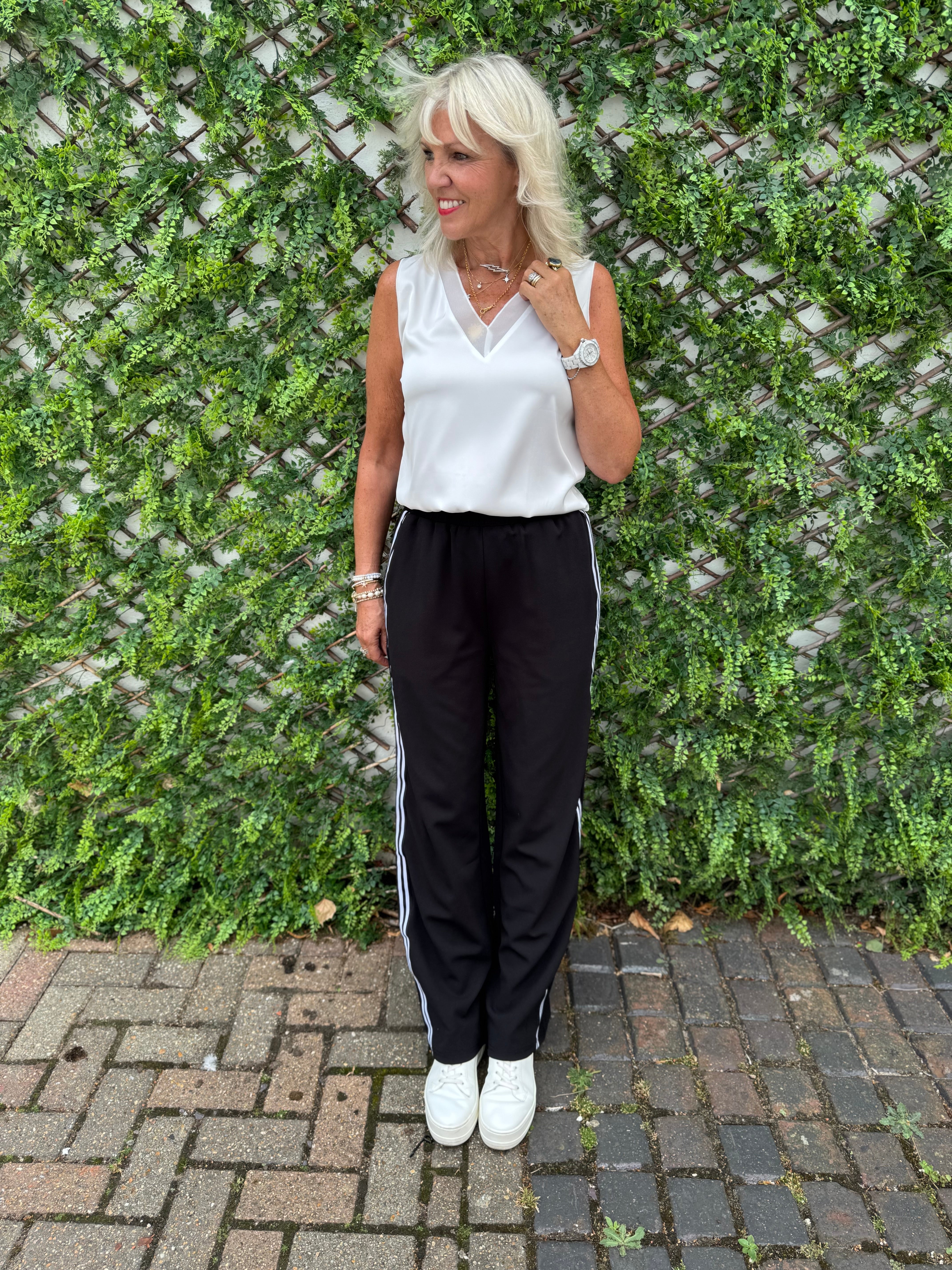 Wide Leg Crepe Trousers in Black with White Stripe