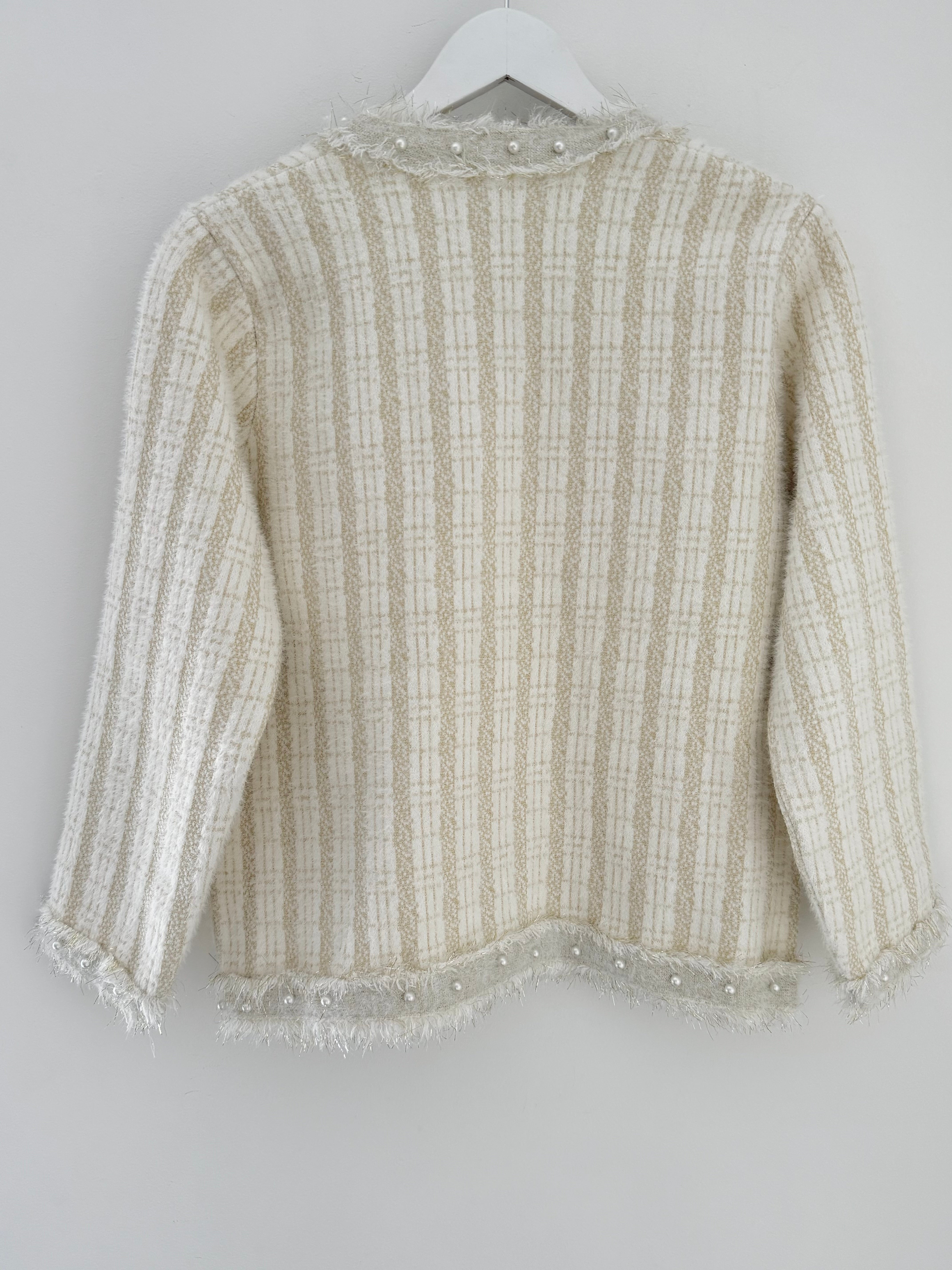 Pearl Button & Tweed Cardi Jacket in Ivory & Gold