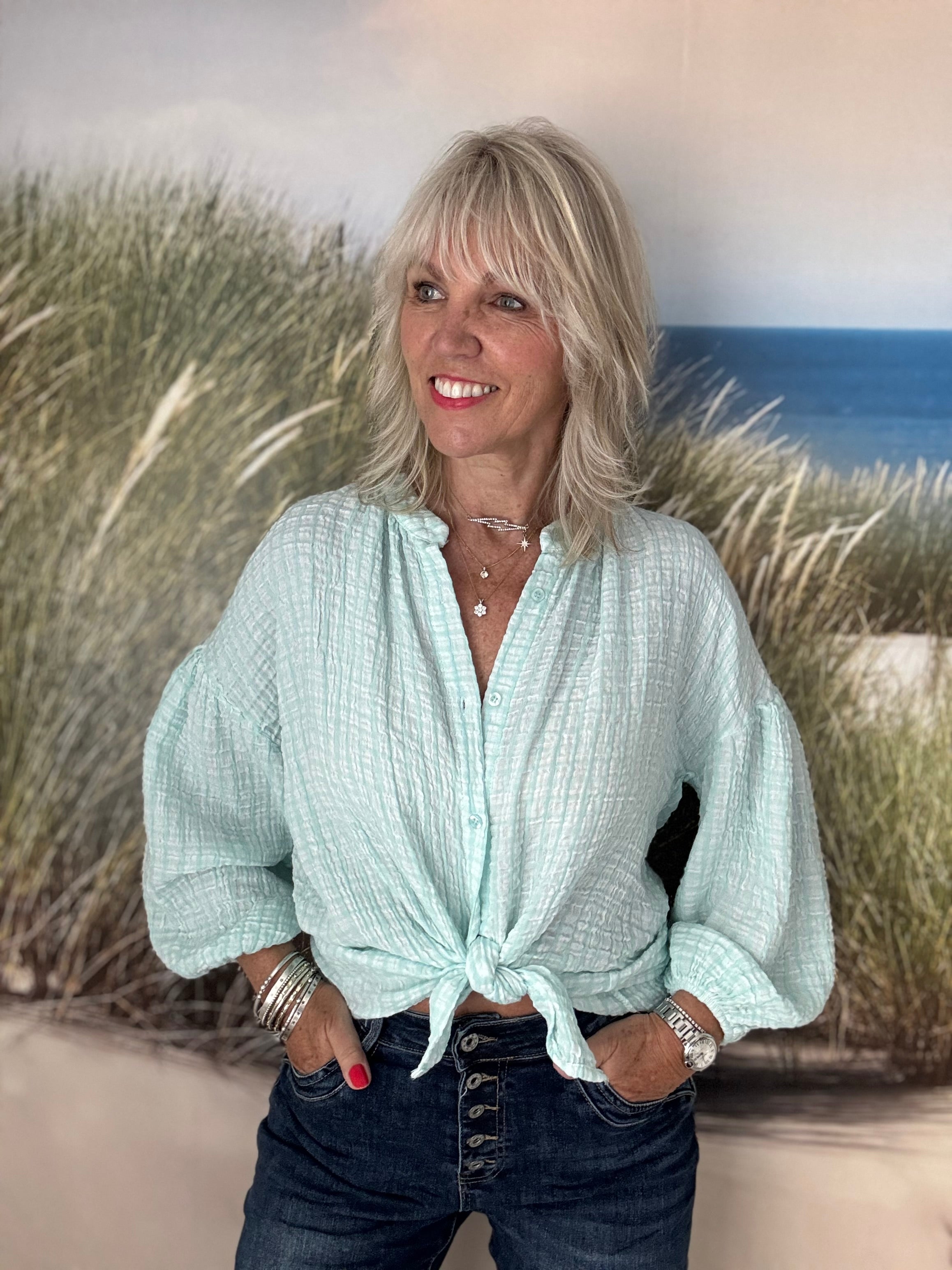 Gingham Seersucker Blouse in Aqua