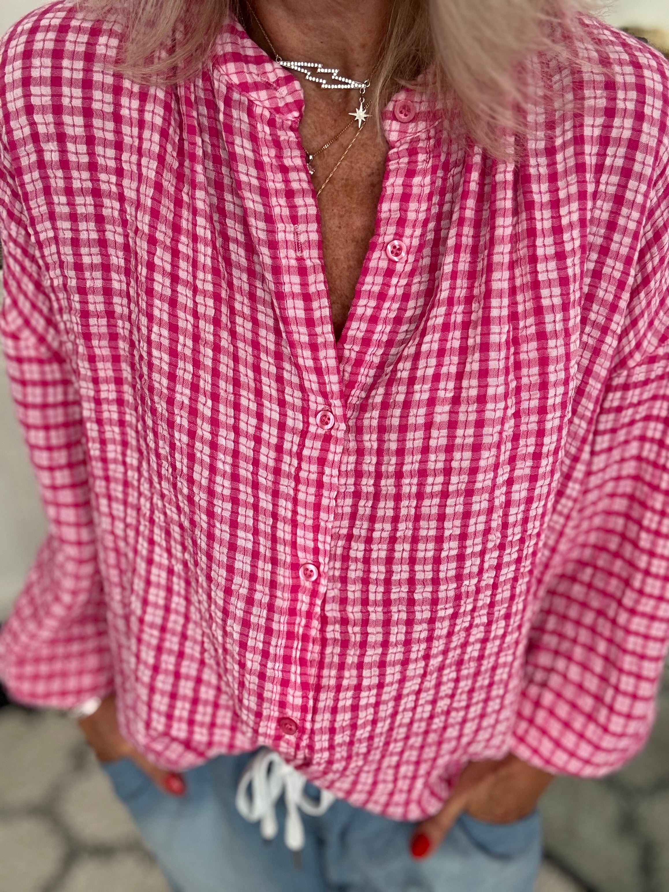 Gingham Seersucker Blouse in Raspberry