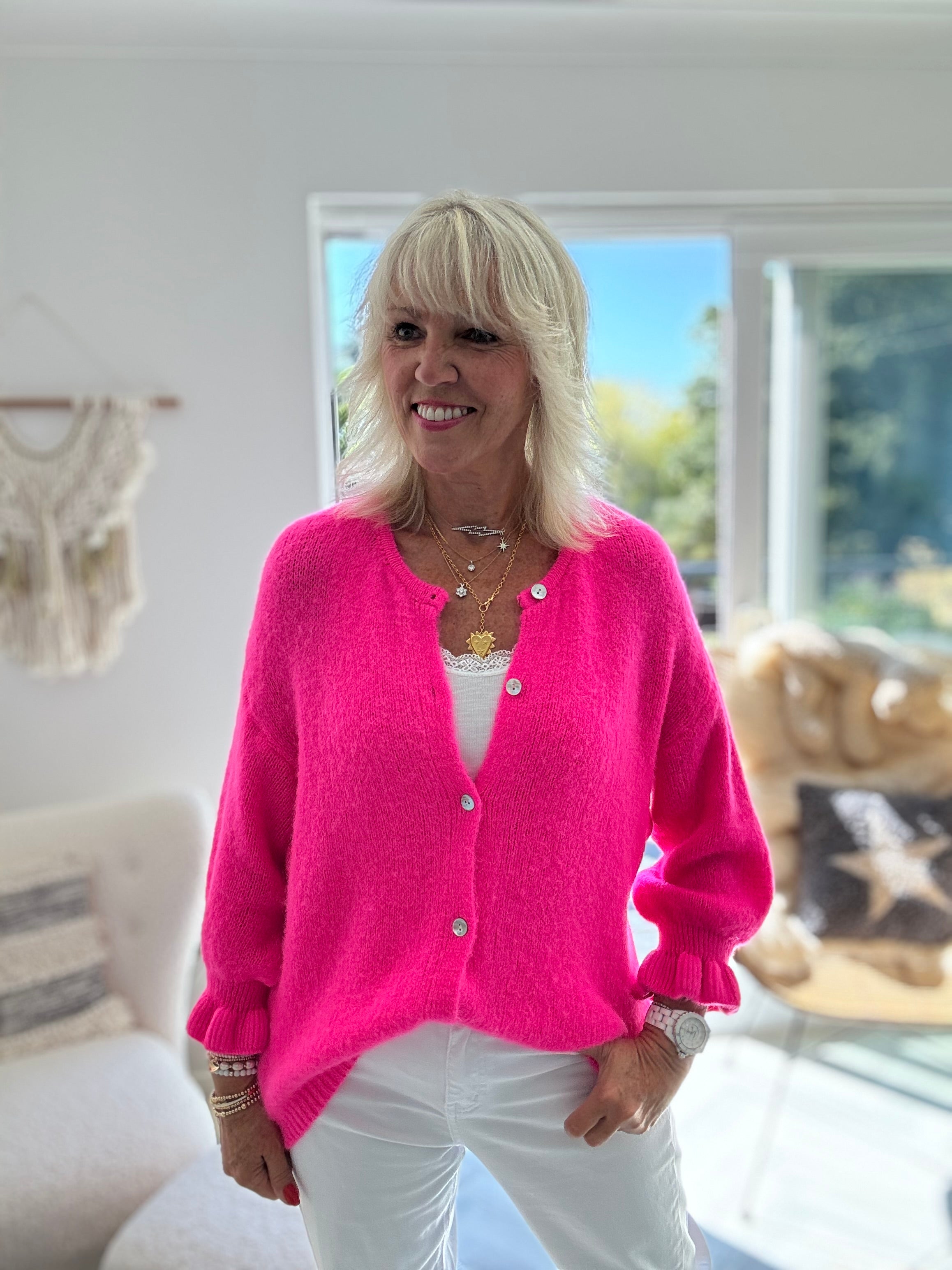 Alpaca Cardi with Frill Cuffs in Neon Pink