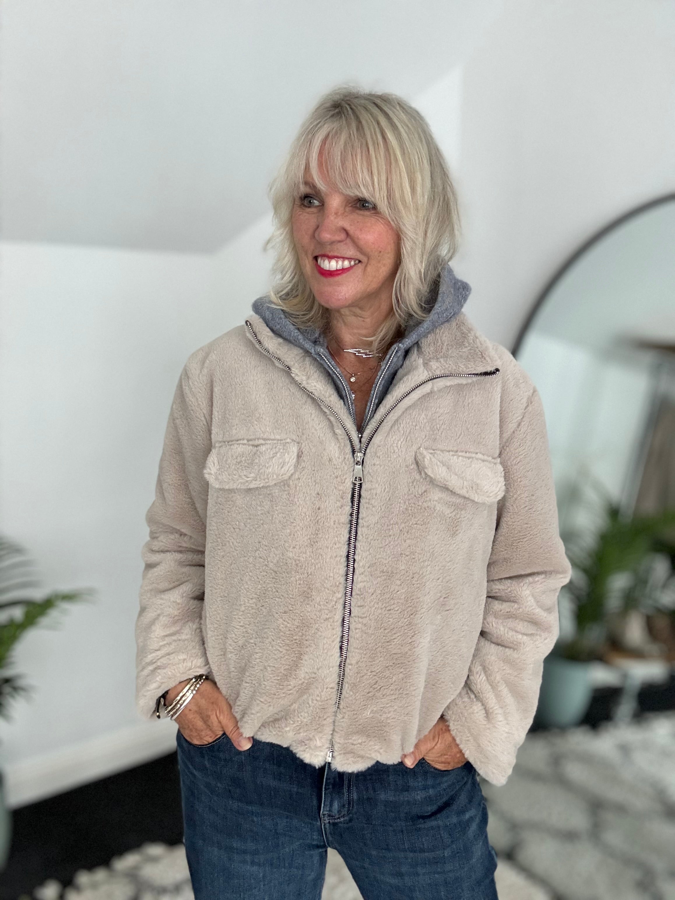 Faux Fur Jacket in Stone