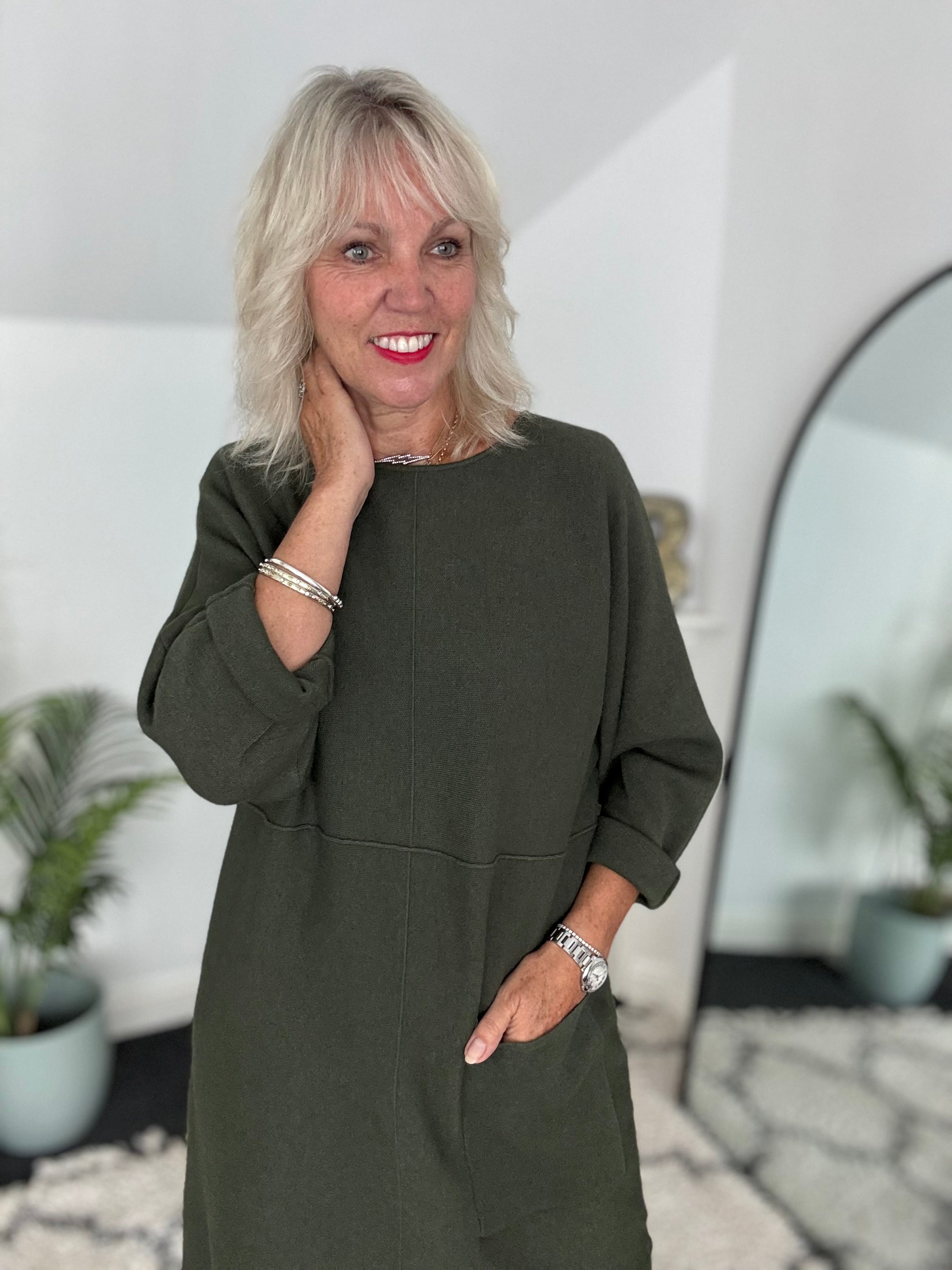 Luxe Knitted Pocket Dress in Khaki