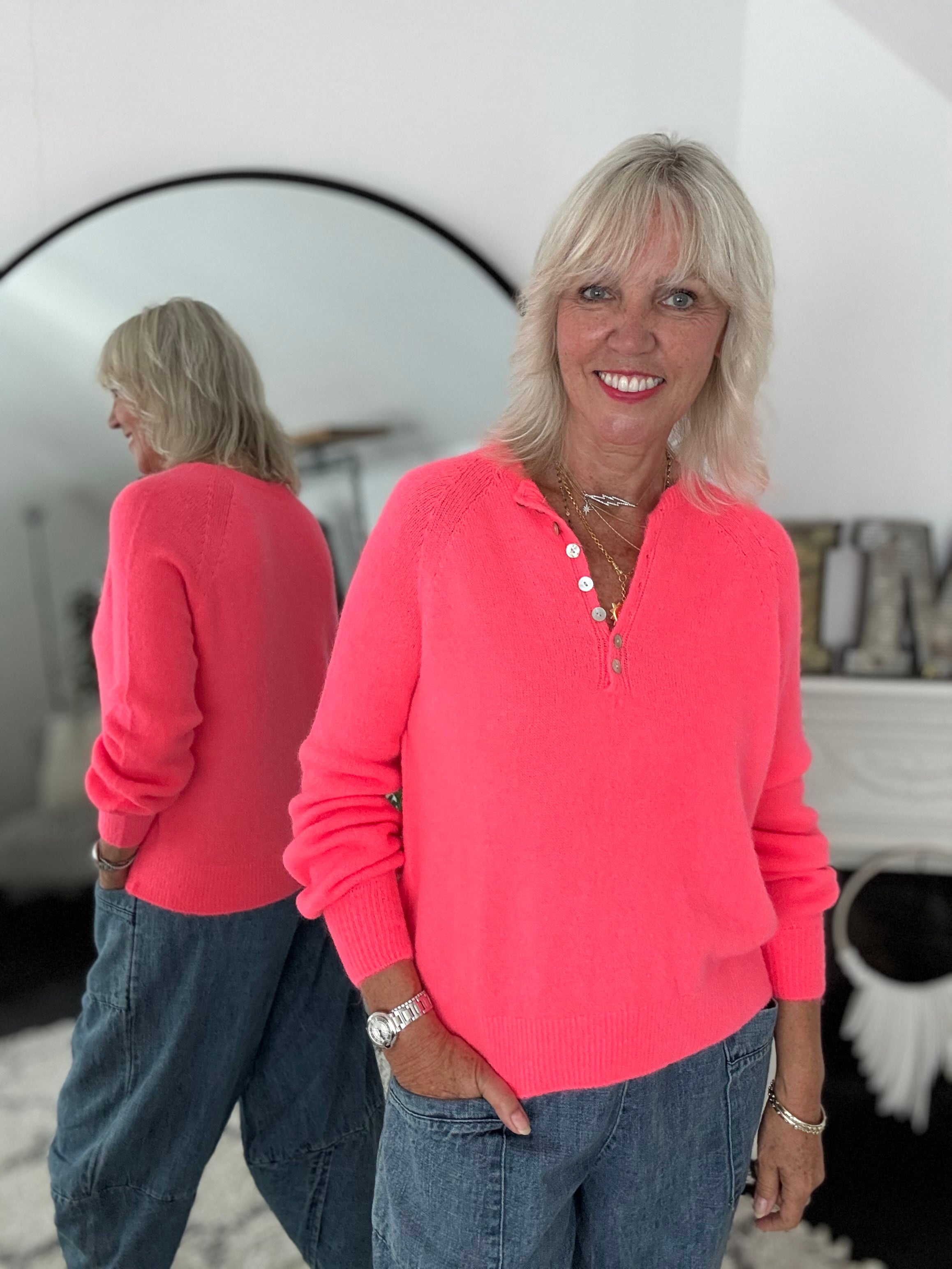 Softie Jumper with Button Neck in Neon Coral