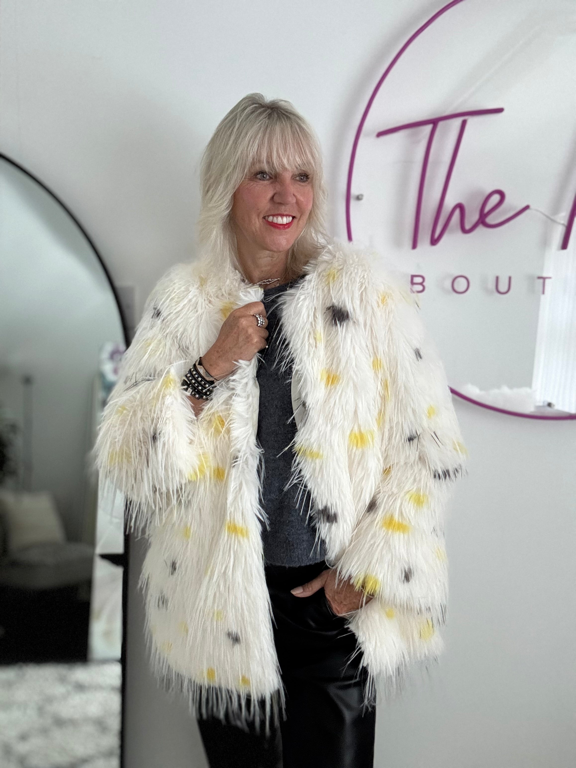 Faux Fur Spot Jacket in Yellow & Charcoal