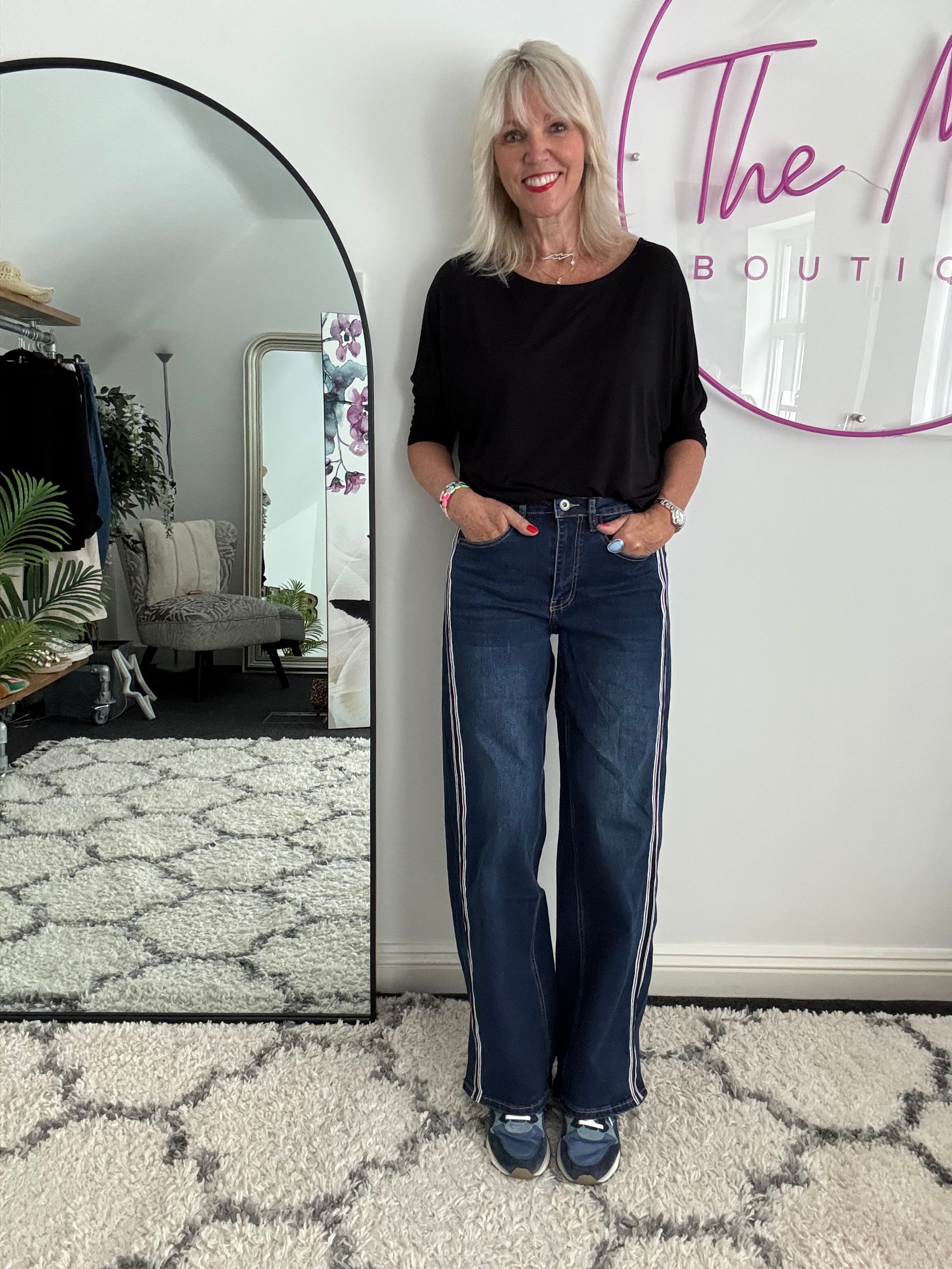 Stretch Flared Jeans with Side Stripes in Dark Denim