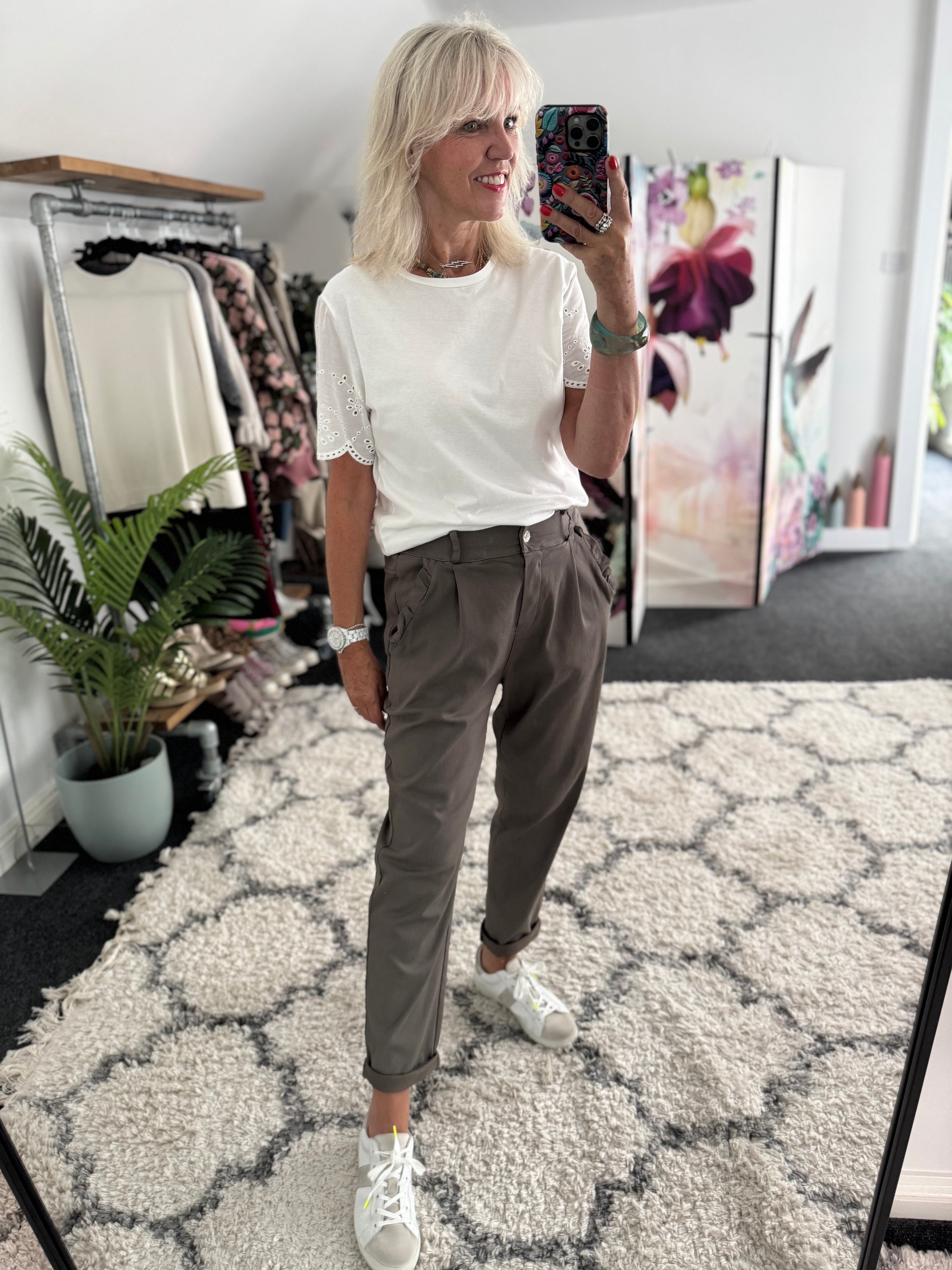 Luxe Stretch Trousers with Ruffle Pocket in Mocha