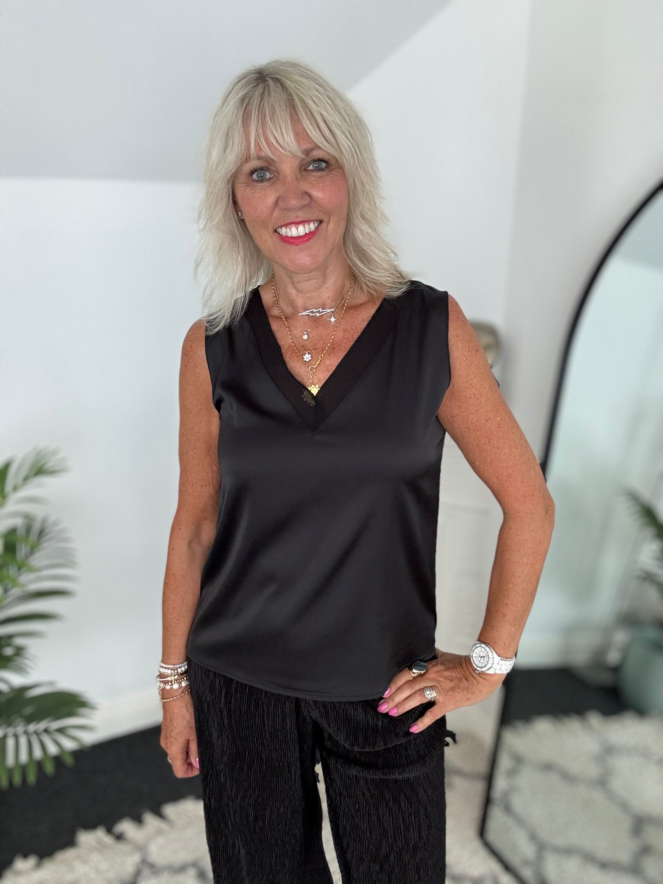 Silky V Neck Vest in Black